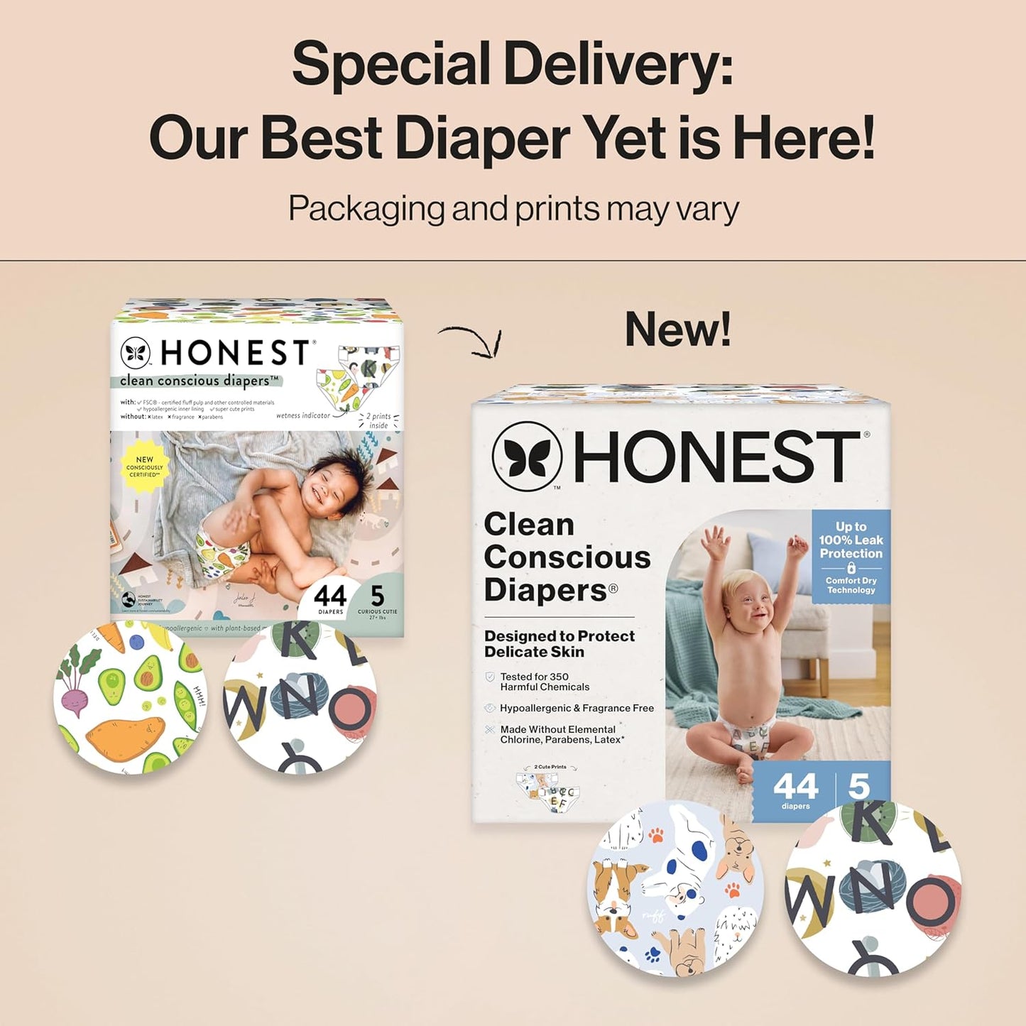 The Honest Company Clean Conscious Diapers for Delicate Skin | Up to 100% Leakproof | Hypoallergenic, Fragrance Free | Gender Neutral | Club Box, Size 5 (27+ lbs), 44 Count (Prints May Vary)