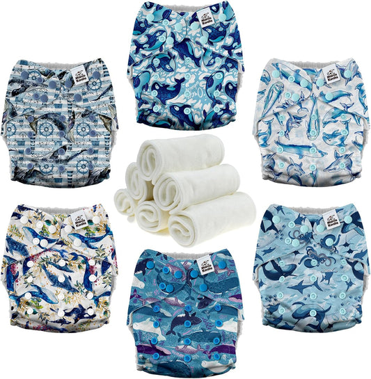 Mama Koala 3.0 Pocket Cloth Diapers for Babies with AWJ Lining, 6 Pack with 6 4-Layer Natural Cloth Diaper Inserts - Reusable and Washable Pocket Diapers(Whales)