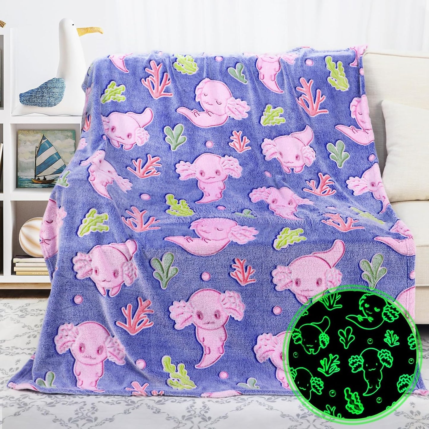 Cute Axolotl Blanket Glow in The Dark Blanket Axolotl Gifts Toys for Girls Birthday Axolotl Room Decor 60"x80"