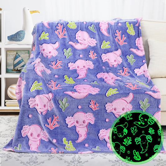 Cute Axolotl Blanket Glow in The Dark Blanket Axolotl Gifts Toys for Girls Birthday Axolotl Room Decor 60"x80"