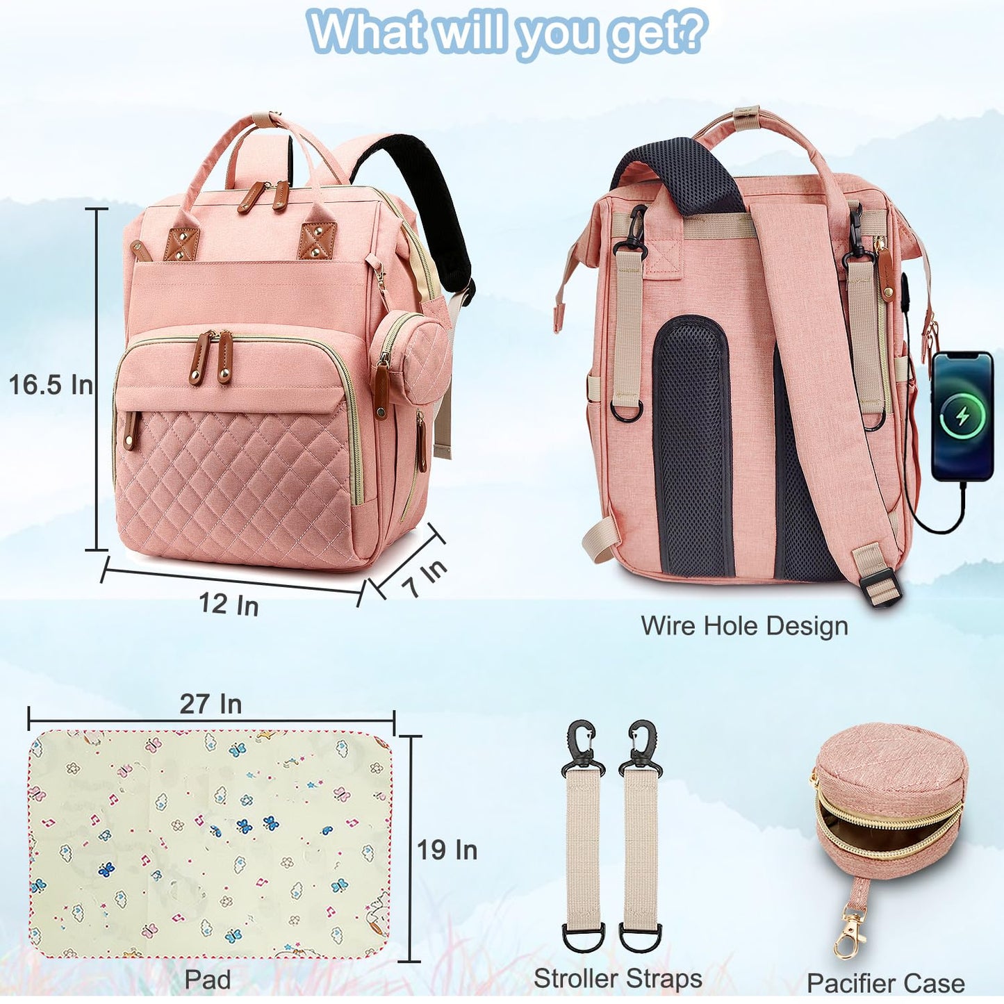 Diaper Bag Backpack Baby Bag, Baby Girl Boy Diaper Bag for Dad Mom with Pad,16 Pockets, Pacifier Case, Large Diaper Bags Unisex for Travel (Orange Pink)