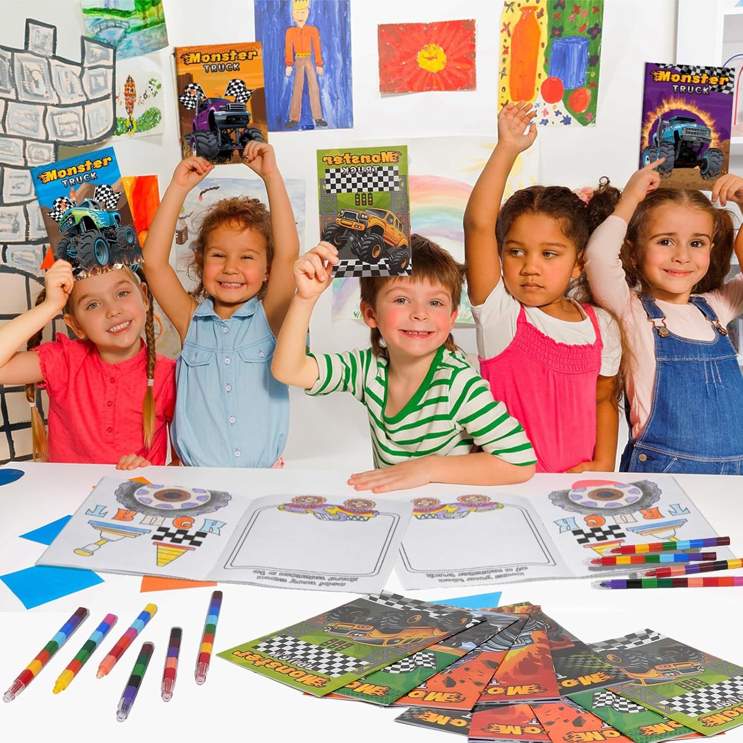 BenLouis 12 Monster Truck Mini Coloring Books Kids with 12 Stacking Crayons Car wheels Party Favors Small Activity Books Bulk for Kids Monster Truck Party Gift Goodie Bag Stuffers