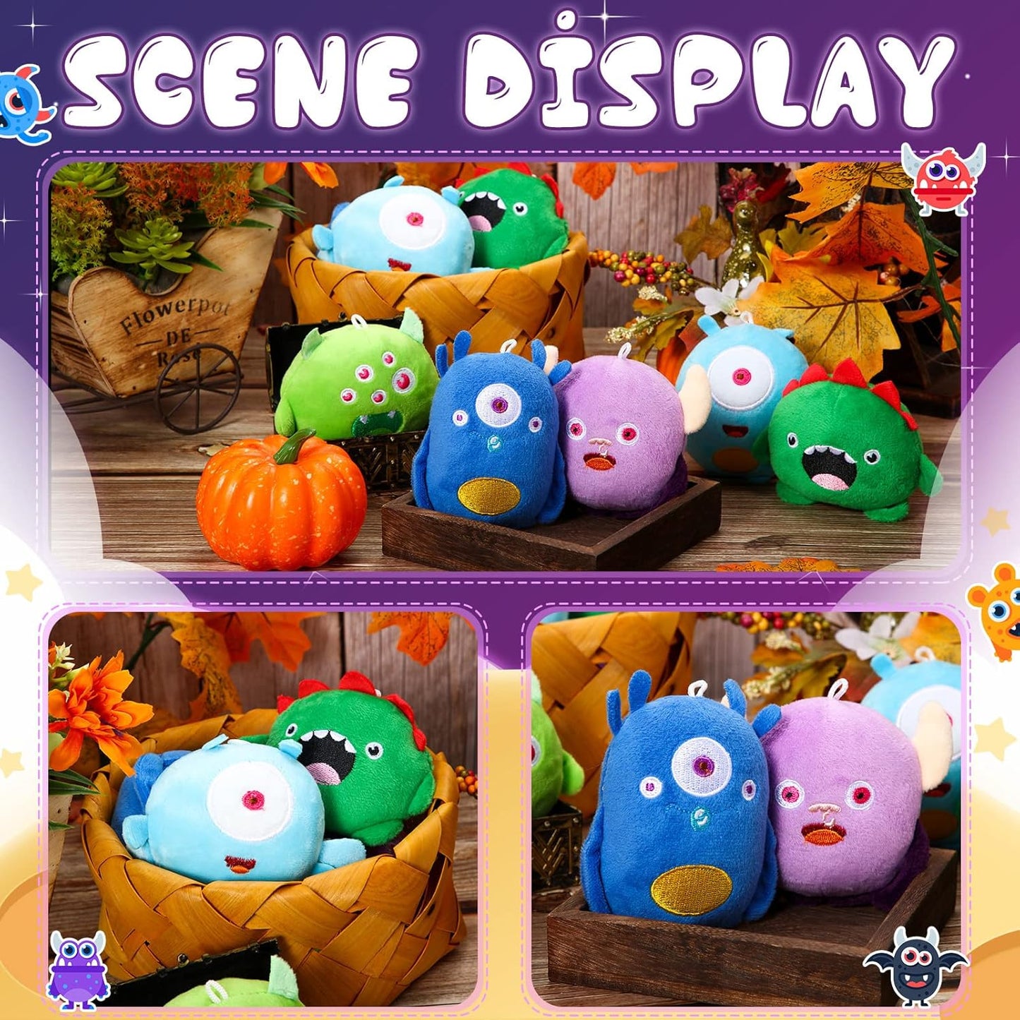 Aoriher 15 Pcs Monster Stuffed Toys Bulk Mini Stuffed Animals 3.2 Inches Small Plush Keychain for Operation Christmas Items Baby Shower Favors Bag Fillers Halloween Classroom Prizes, 5 Styles