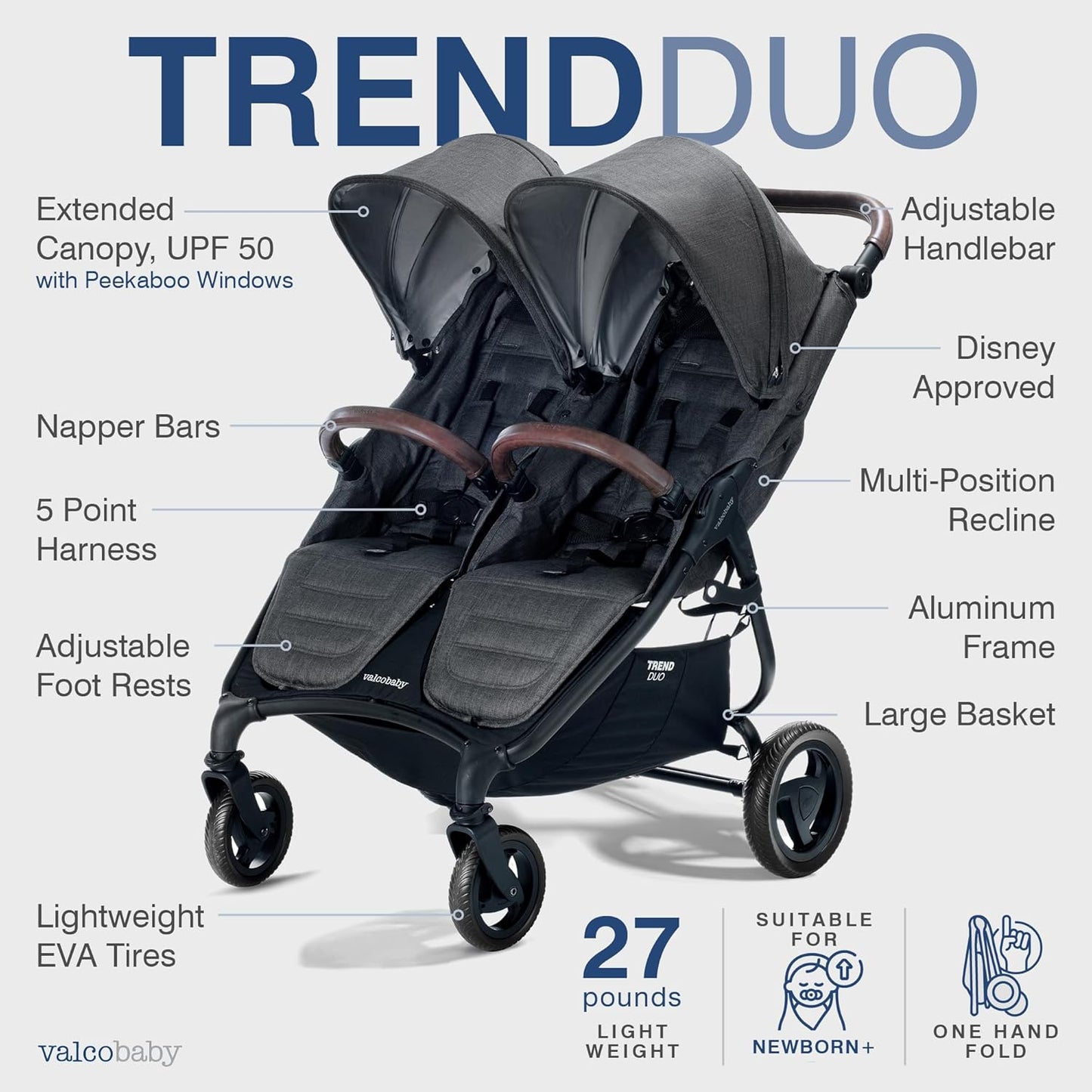 Valco Baby Trend Duo Light Weight Side by Side Double Stroller 2025(Charcoal) - Easy and Compact fold, Multi-Position Recline, Large Canopy, Independent Twin Vents and More - Luxurious Twin Pram