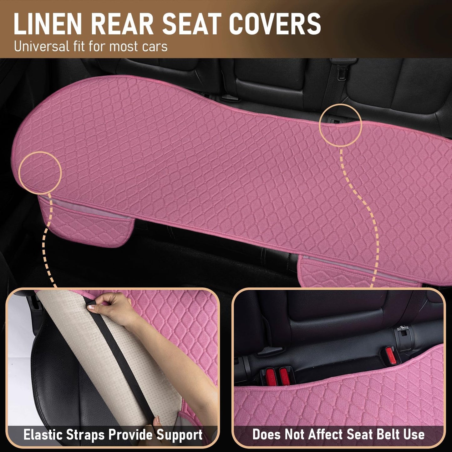 3 PCS Linen Car Seat Covers with Storage Pocket, Back Seat Covers Protectors with Non-Slip, Breathable Bench Seat Covers Universal Fit for SUVs, Cars, Trucks (Pink)