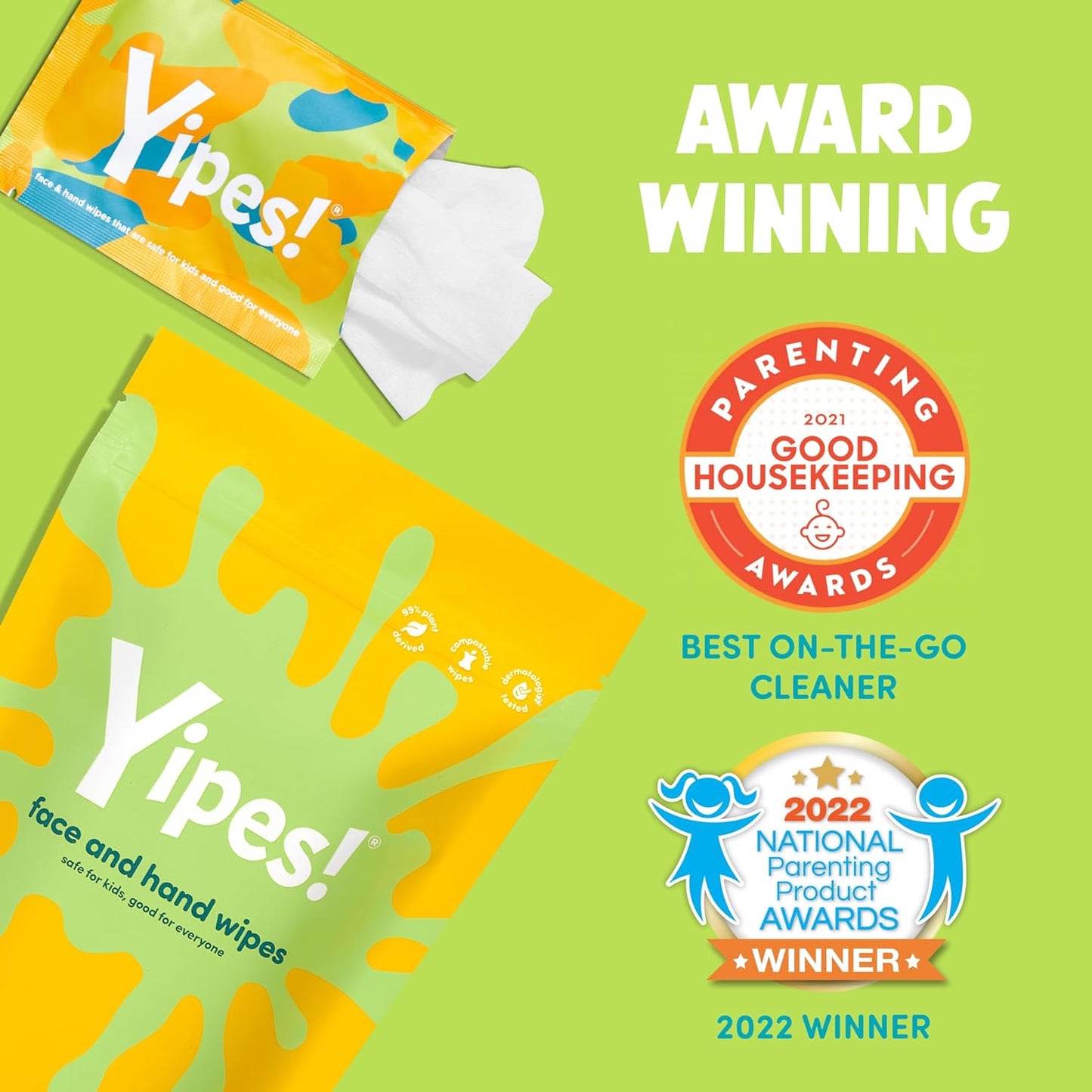 Yipes! Kids Face and Hand Wipes | Compostable Wet Wipes for Sensitive Skin | Individually Wrapped | Classroom Must Haves | Travel Essentials | For Backpacks, Lunchboxes, Classroom Supplies | 2 pack