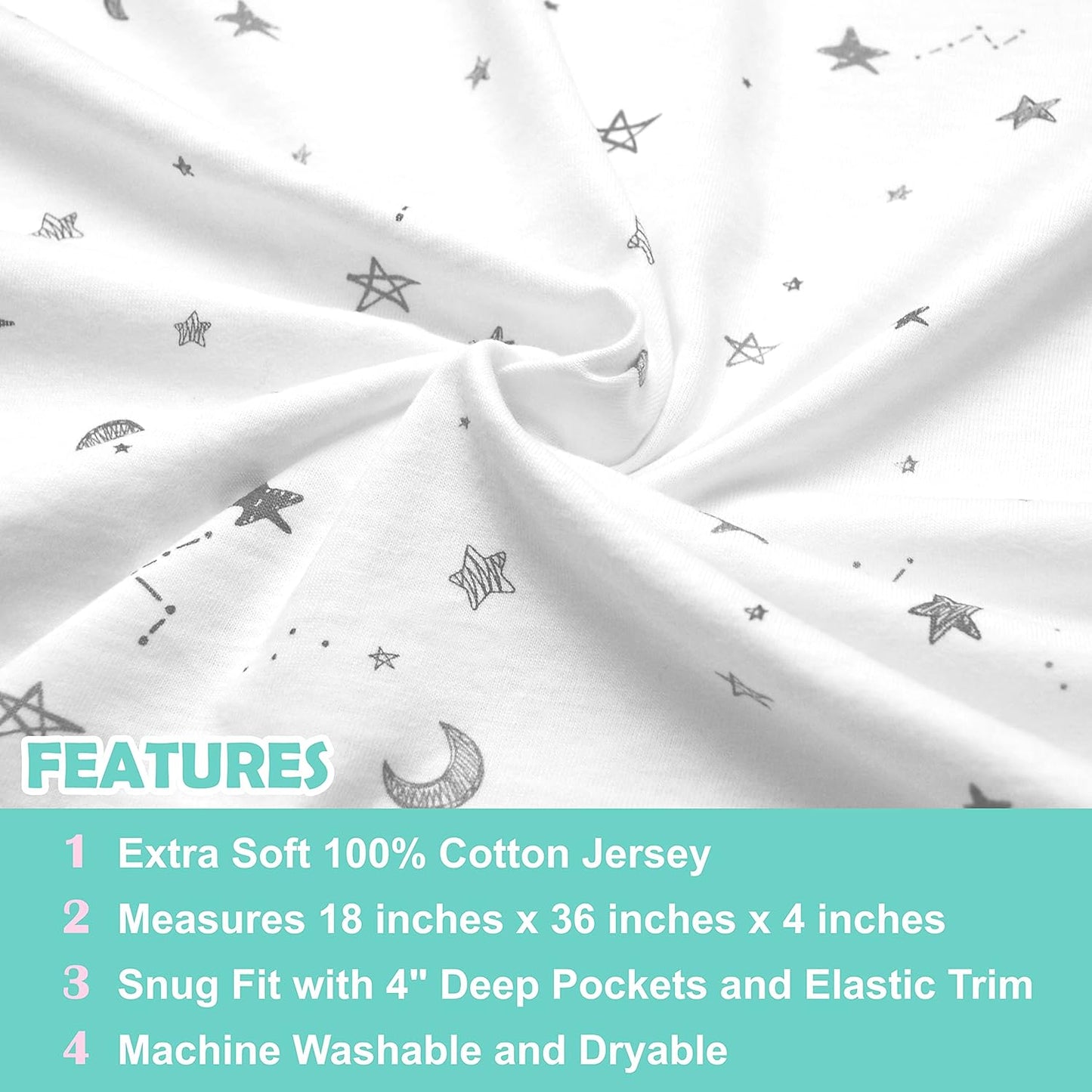 American Baby Company 100% Natural Cotton Fitted Cradle/Bassinet Sheet 36" x 18" - Soft, Breathable & Hypoallergenic Bed Sheet, Gray Stars and Moons, Neutral for Boys & Girls