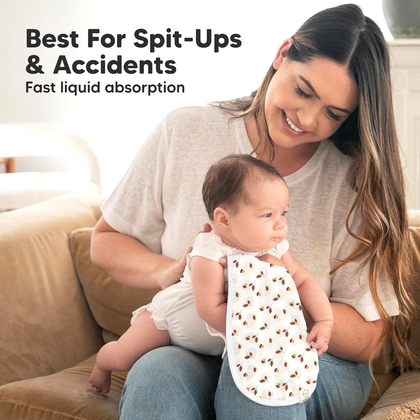 5-Pack Muslin Burp Cloths Baby Boy, Girl - Very Absorbent Baby Burp Cloth Rags, 8-Layers Viscose Derived from Bamboo Cotton Muslin Towel, Super Soft Spit Up Rags, No Shrink Washcloths (Fall Spores)