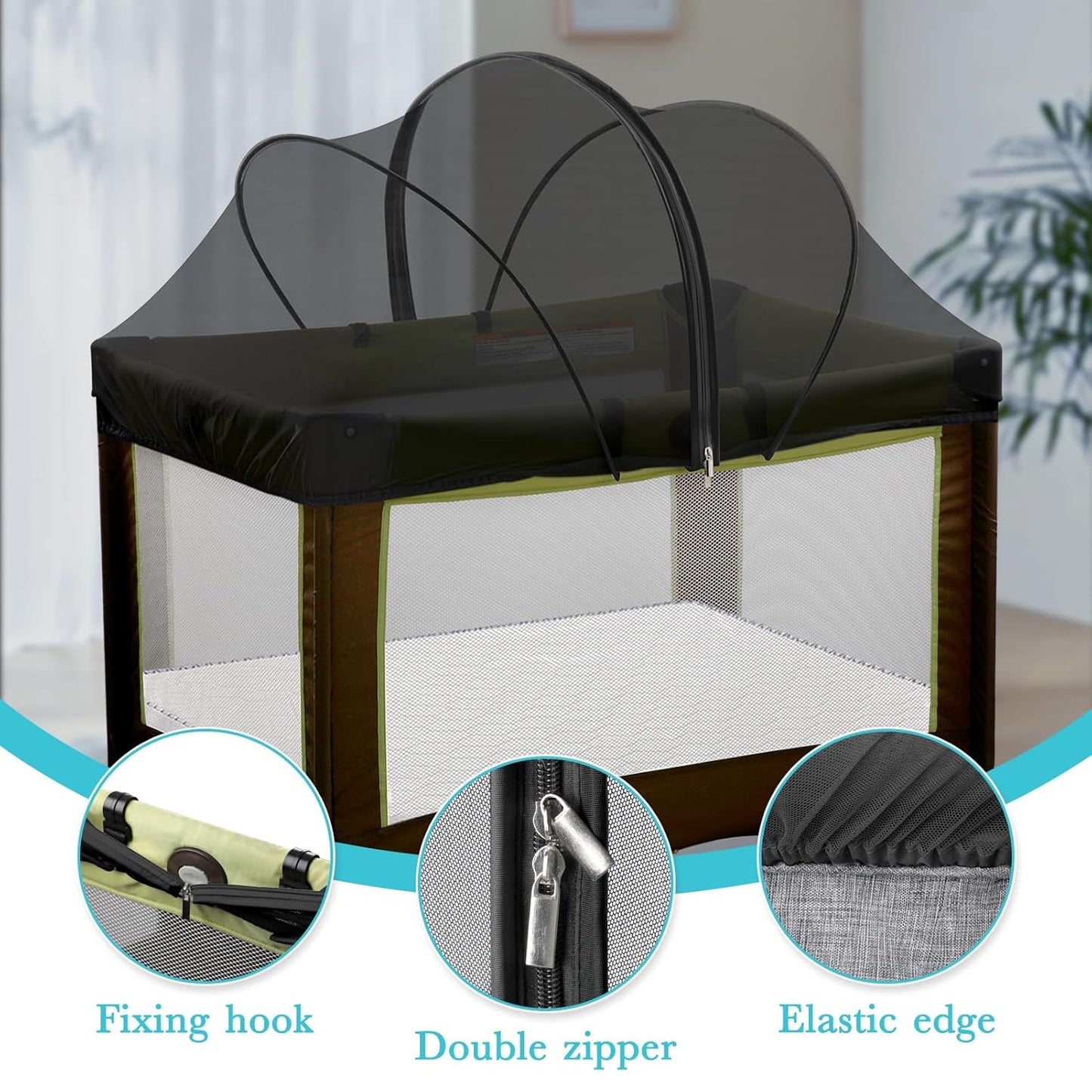 Pack N Play Tent Cover - Bassinet Cover for Pack N Play/Travel Crib/Mini Crib/Playpen, Bassinet Mosquito Net Cover with Two-Way Zippers (Black-Large)