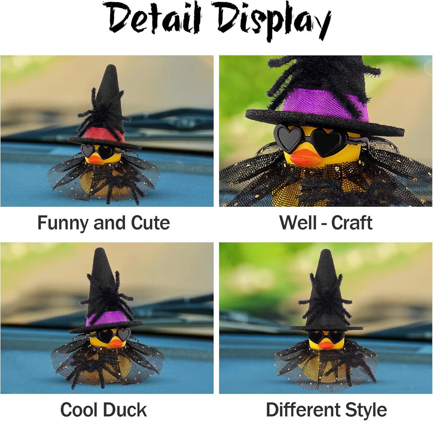 wonuu Car Dashboard Spider Witch Rubber Ducks for Halloween, Decorations Duck for Office Desk Ornament Accessories with Hat Glasses Skirt, for Halloween Party Gifts (Gold Point Skirt Purple)