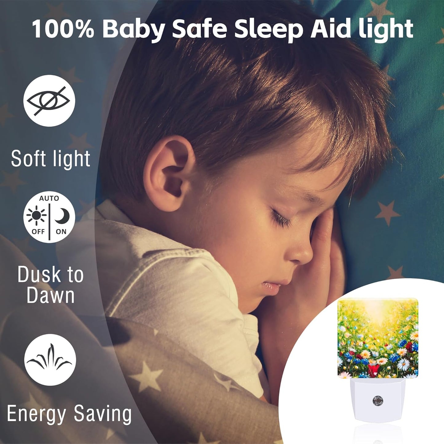 Colorful Daisies Flowers Night Light, Abstract Floral Oil Painting Dusk to Dawn Night Light Plug in, 0.5w Energy Saving Sleep Friendly NightLight for Kids Boys Girls Home Decor