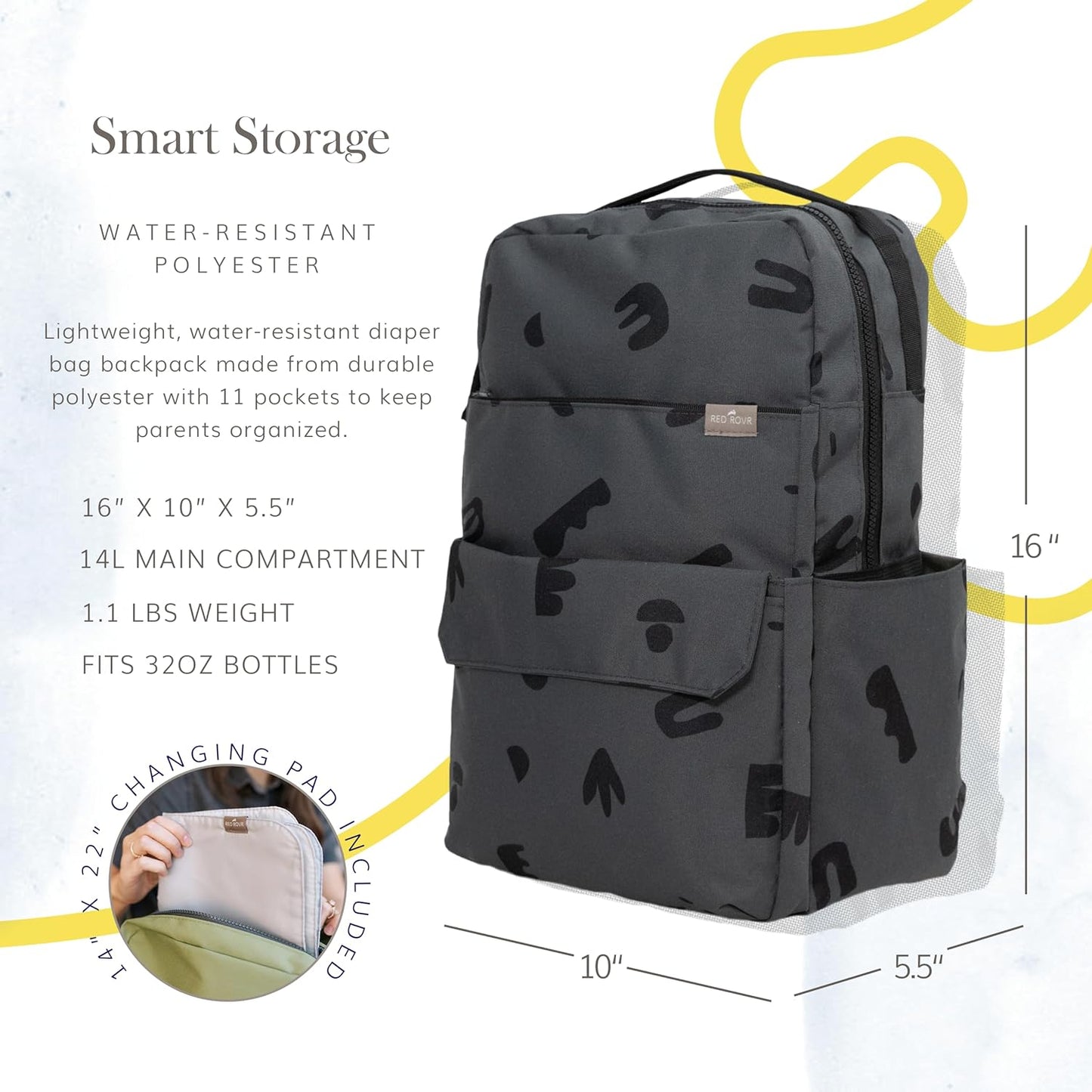 RED ROVR Roo Lightweight 1 LB Diaper Bag Backpack | 11 organizational pockets| Durable & Water-Resistant (Charcoal Doodle)