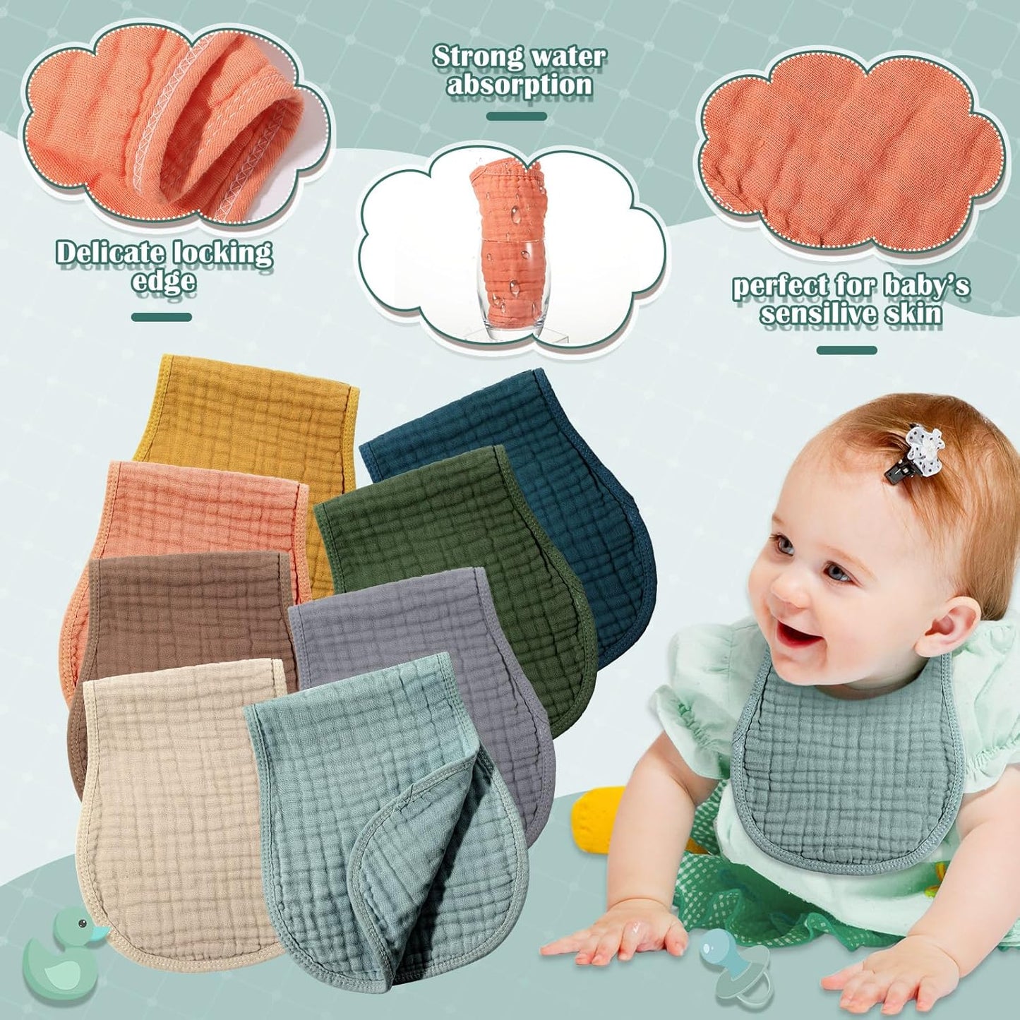 Frienda 8 Pieces Muslin Burp Cloths for Baby Cotton Burp Cloth 10 x 20 Inches Multi Colors Muslin Washcloths Diapers 4 Absorbent Layers Newborn Face Towels for Baby Boy Girl Unisex (Vivid Color)