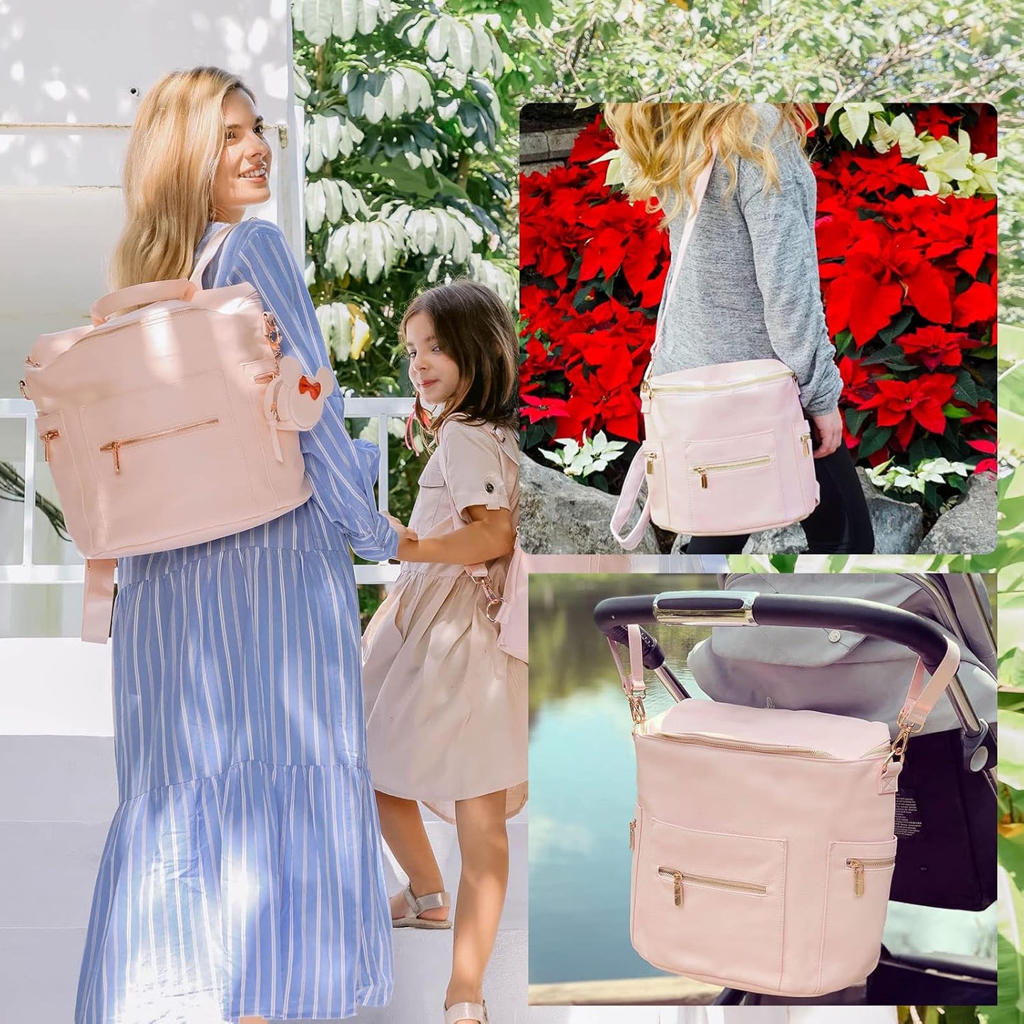 miss fong Pink Diaper Bag Backpack Baby Diaper Bag, Large Leather Diaper Backpack with 16 Pockets Travel Diaper Bag with Diaper Changing Pad,Pink Baby Backpack Stroller Straps & 2 Insulated Pockets