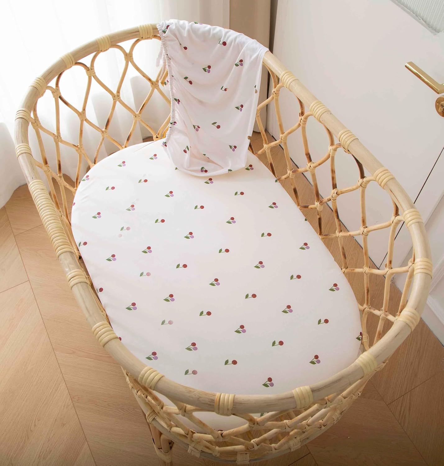 SDY Cherry Bassinet Sheets,2pk Czoy Bassinet Fitted Sheets for Baby Boys Girls,Soft Breathable Stretchy Baby Sheet Set 32 * 16 * 4 inches for Hourglass Oval and Rectangle Mattress (Cute Cherry)