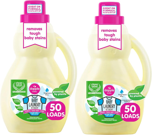 Dapple Baby Laundry Detergent, Plant Powered, Hypoallergenic, Fragrance Free, Concentrated, 50 fl oz (Pack of 2)