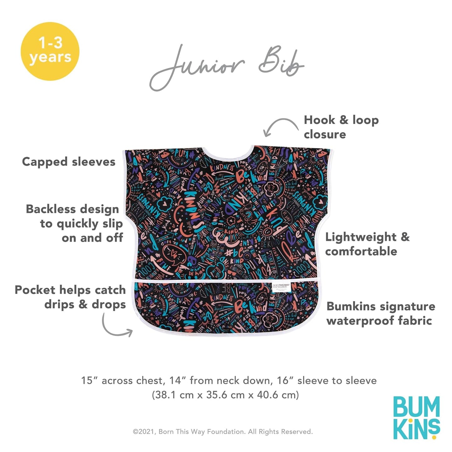 Bumkins - Junior Bib - For Boys & Girls, Toddlers & Kids 1-3 Years - Lightweight, Durable, Waterproof - Short Sleeve Bib - Catch-All Pocket - Wipeable & Machine Washable - Kindness - 2 Pack