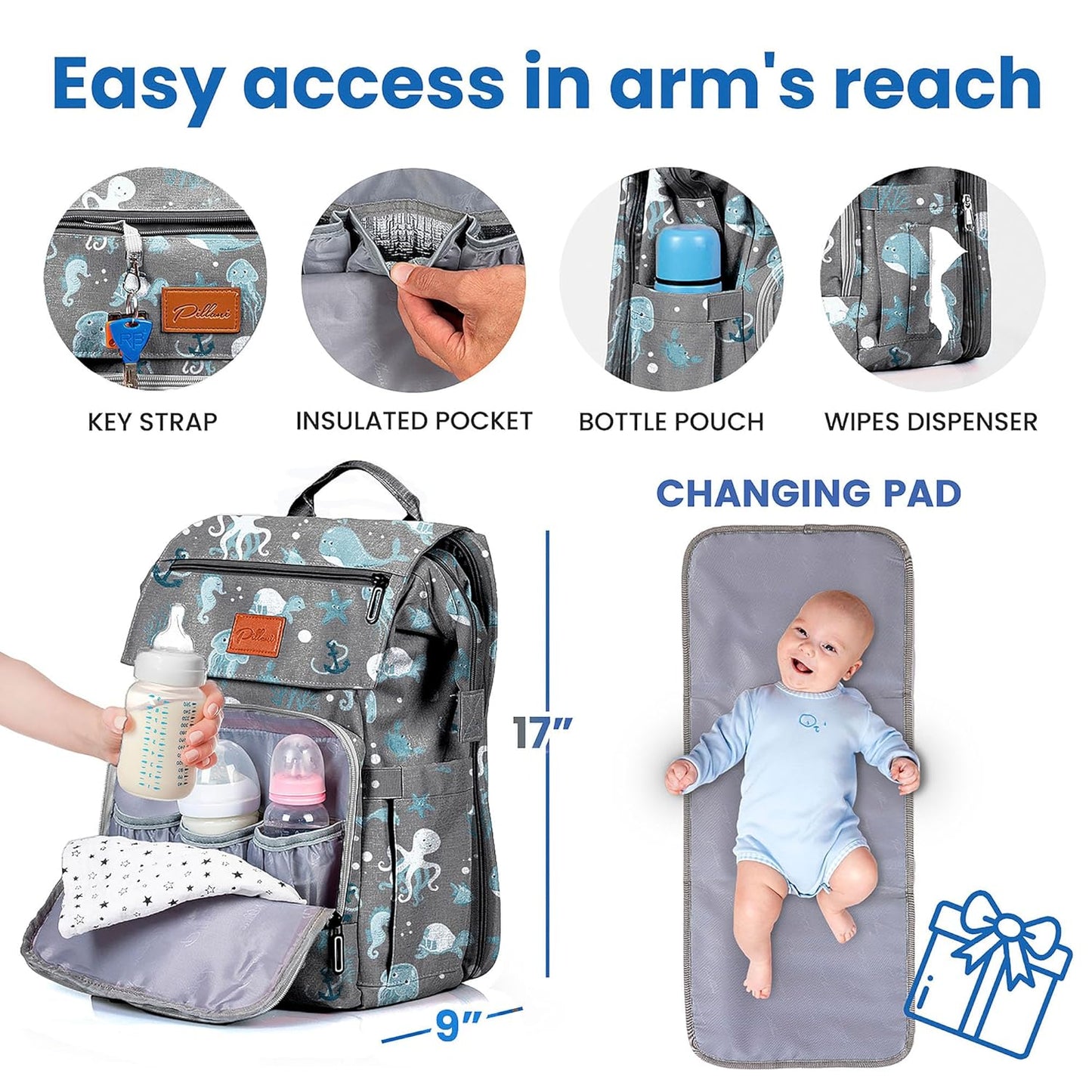 PILLANI Baby Diaper Bag Backpack - Large Bag for Boys & Girls, Waterproof Diaper Backpack - Travel Diaper Bags w/Changing Pad, Baby Registry Search & Shower Gifts - Essentials Must Haves Newborn Stuff