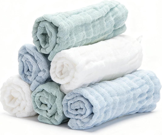 Organic Muslin Baby Washcloths 6 Pack Baby Bath Face Towel 12x12 Inch Extra Absorbent and Soft Burp Cloth and Wash Cloths for Newborn-Infants On Sensitive Skin (White Blue Green)