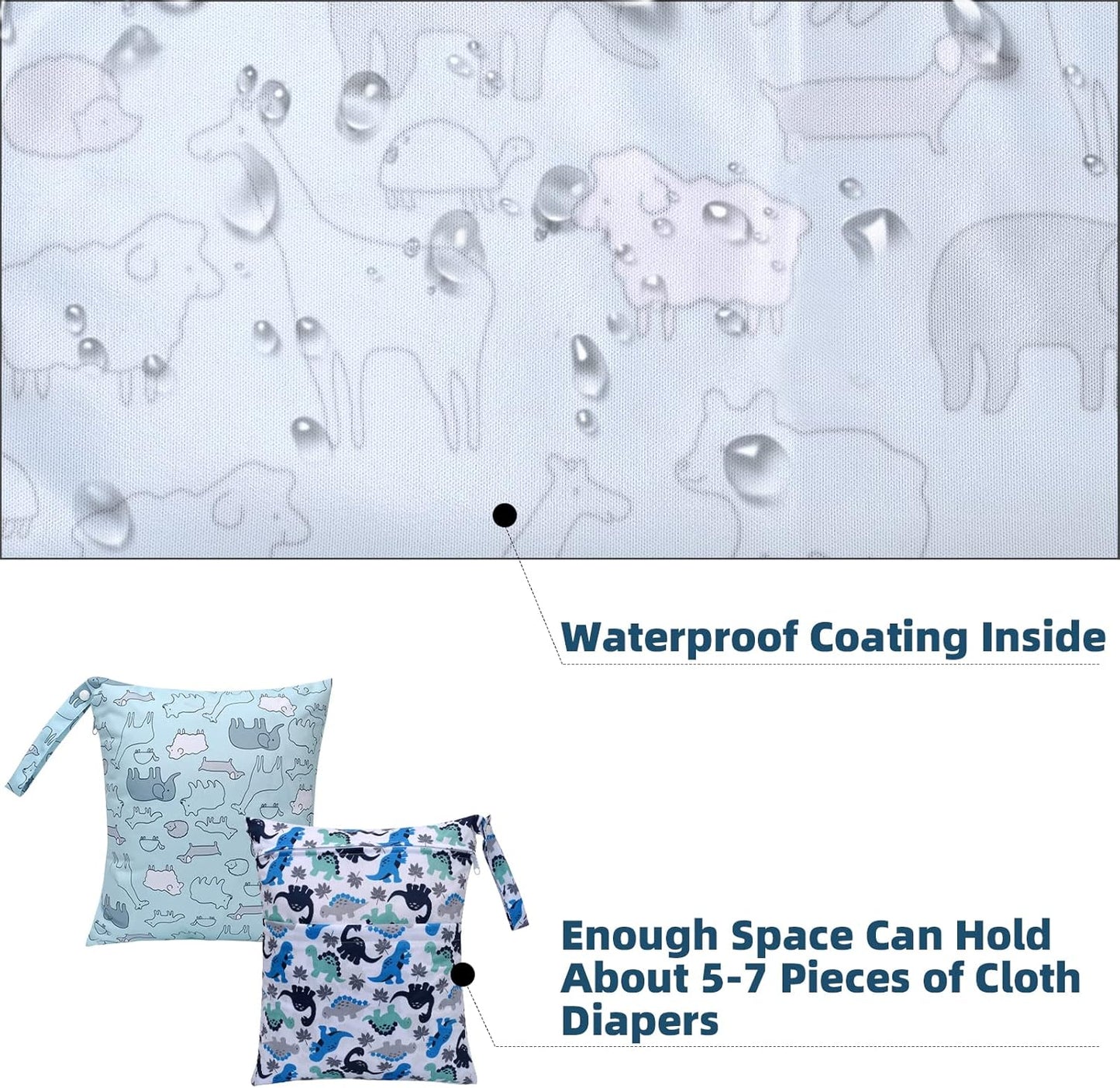 2pcs Cloth Diaper Wet Dry Bags Waterproof Reusable with Two Zippered Pockets Travel Beach Pool Daycare Soiled Baby Items Yoga Gym Bag for Swimsuits or Wet Clothes-Cute Animal,Dinosaur