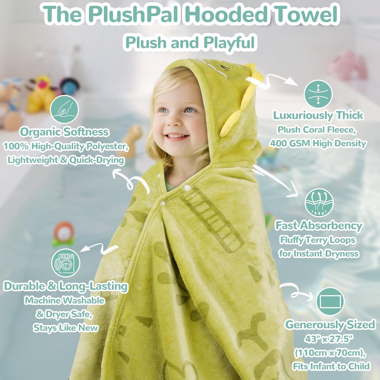 HECCEI HoodieHug Baby Towels, Premium Coral Fleece Bath Towel with Large Size-Ultra Absorbent for Baby Comfort- Great Gift for Newborn, Toddler and Kid (Dinosaur)