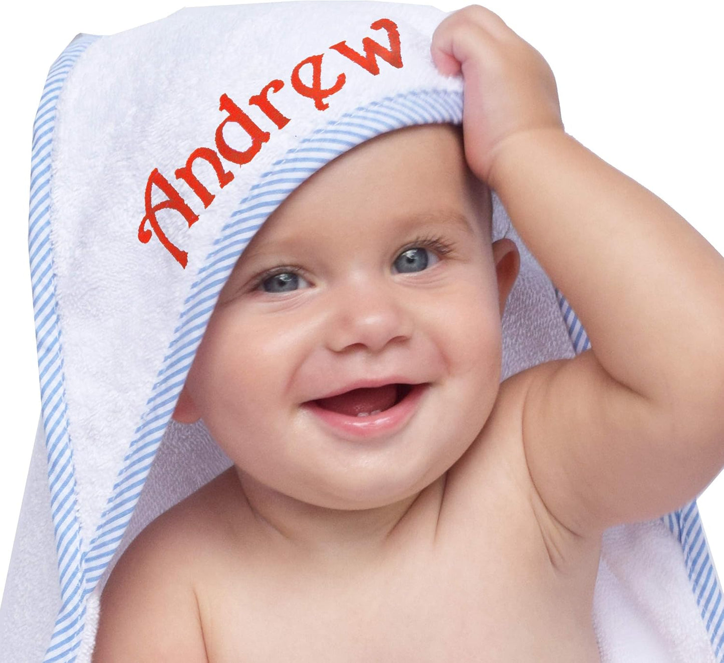 My Personal Memories Personalized Baby Hooded Bath Towel - Monogrammed for Girl and Boy - Embroidered (White with Blue)