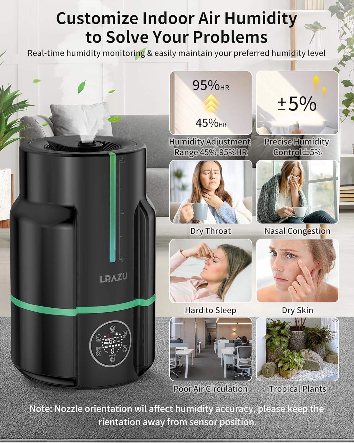 6L Humidifiers for Bedroom, 60H Runtime 26 dB Quiet Supersized Cool Mist Air Humidifiers for Large Room, Baby Nursery, Plant, Indoor, Night Light, Easy to Clean, Precise Humidity Control