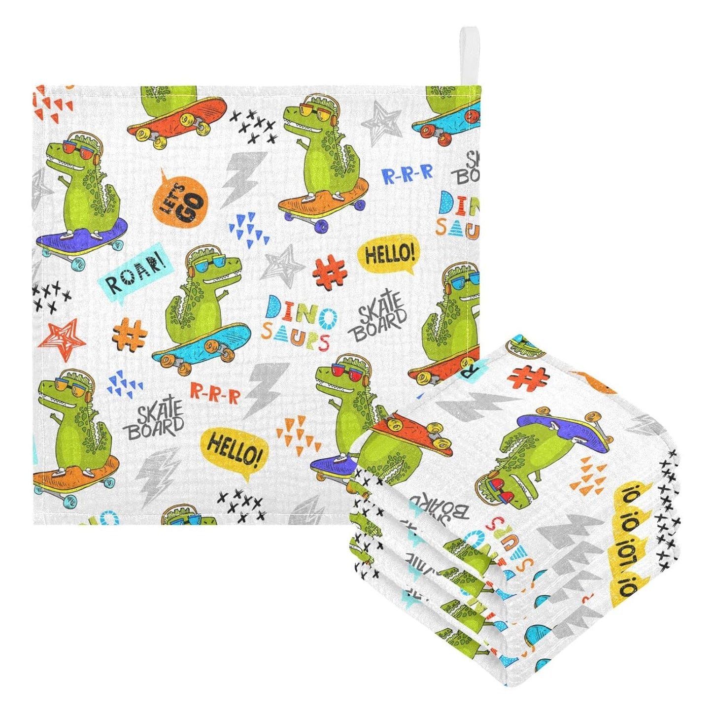 Funny Dinosaur Skateboarding Baby Muslin Washcloths Cartoon Animal Dino Burp Cloths Soft Absorbent Baby Wash Cloth Fingertip Face Towels for Newborn Boys Girls 12 x 12 in, 3 Pack