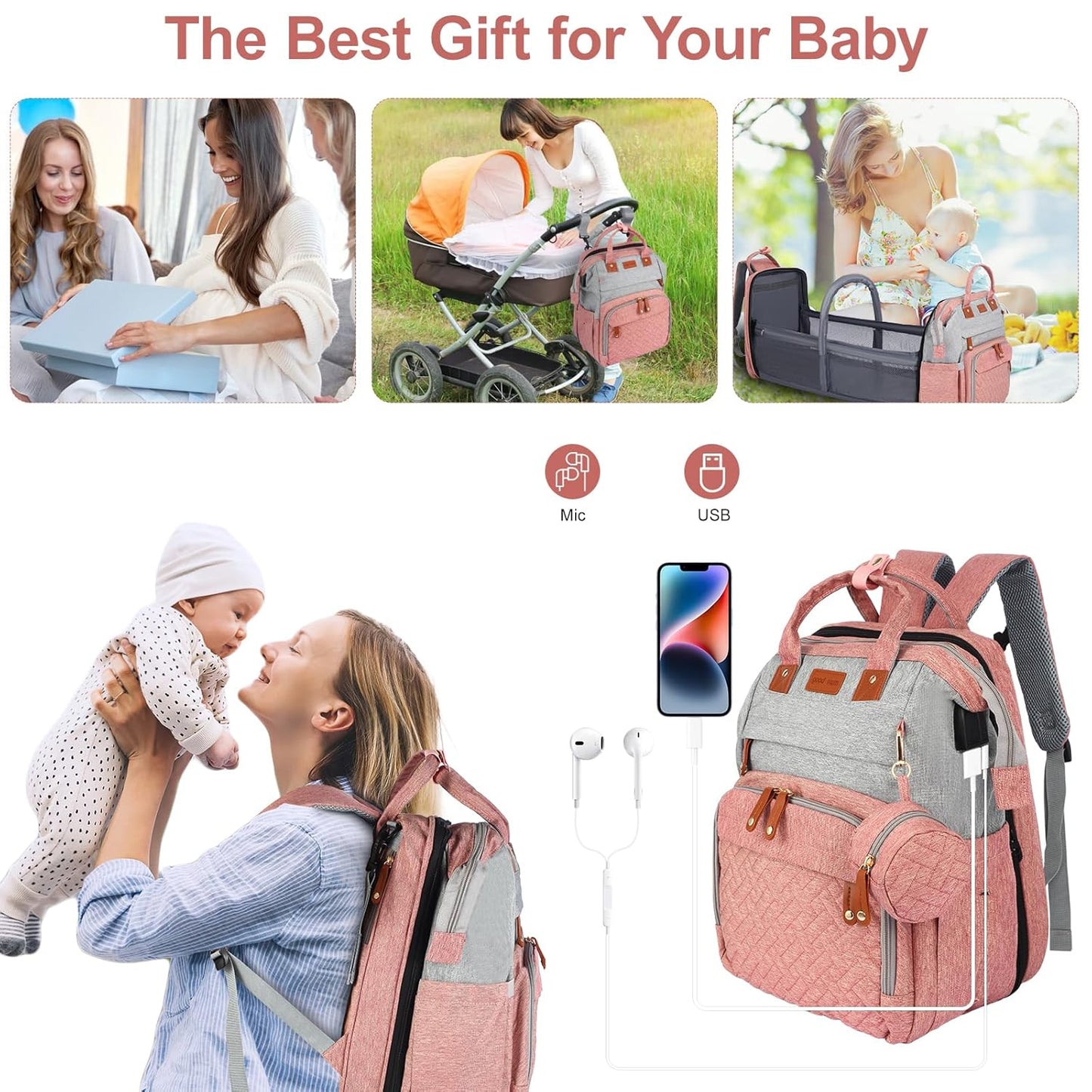 Diaper Bag Backpack, Baby Diaper Bag, Multifunctional Large Capacity, with Diaper Changing Station, Travel Diaper Bag Backpack (Pinkish Gray)