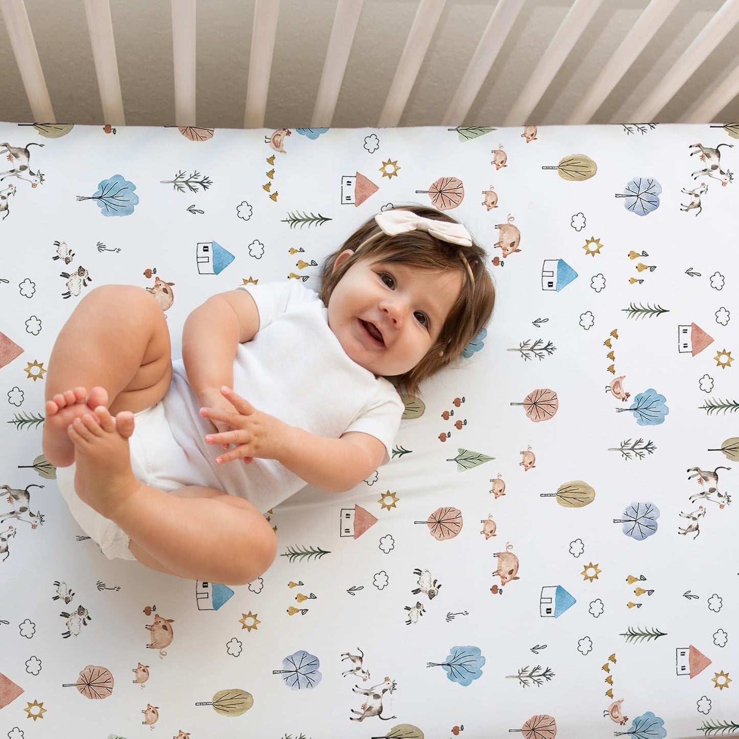 Crib Sheets Neutral - Fitted Baby Crib Sheets Bed for Girl Boy - 2 Pack Standard & Toddler Mattress (Farm Animals) - Buttery Soft Organic Cotton Blend