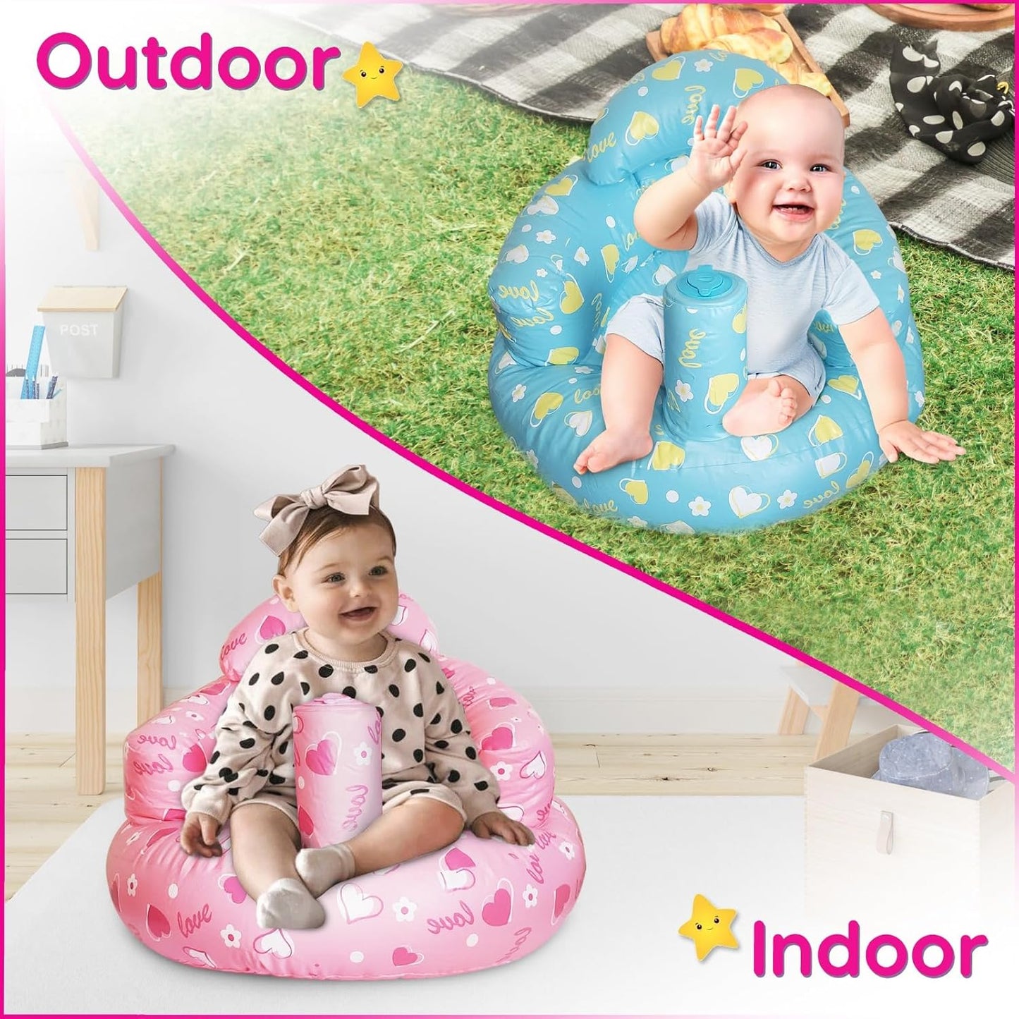 Inflatable Baby Sit-Up Seat – Portable Floor Chair for Sitting Support – Soft Baby Chair for Infants 3–12 Months – Travel-Friendly, Lightweight, Easy to Inflate & Store (Blue)