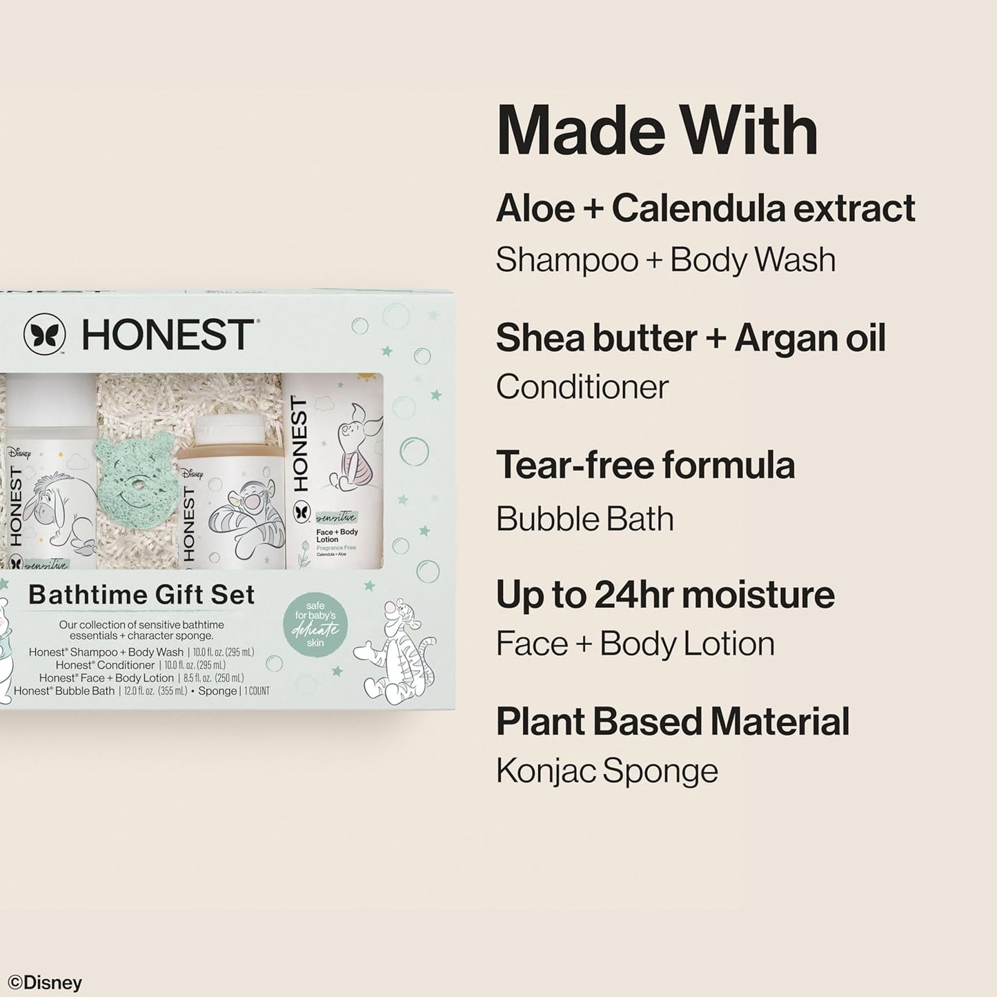The Honest Company Fragrance Free Bathtime Gift Set + Disney Design | Hypoallergenic Bath Essentials for Sensitive Skin | Shampoo + Body Wash, Face + Body Lotion, Bubble Bath, Conditioner, Sponge