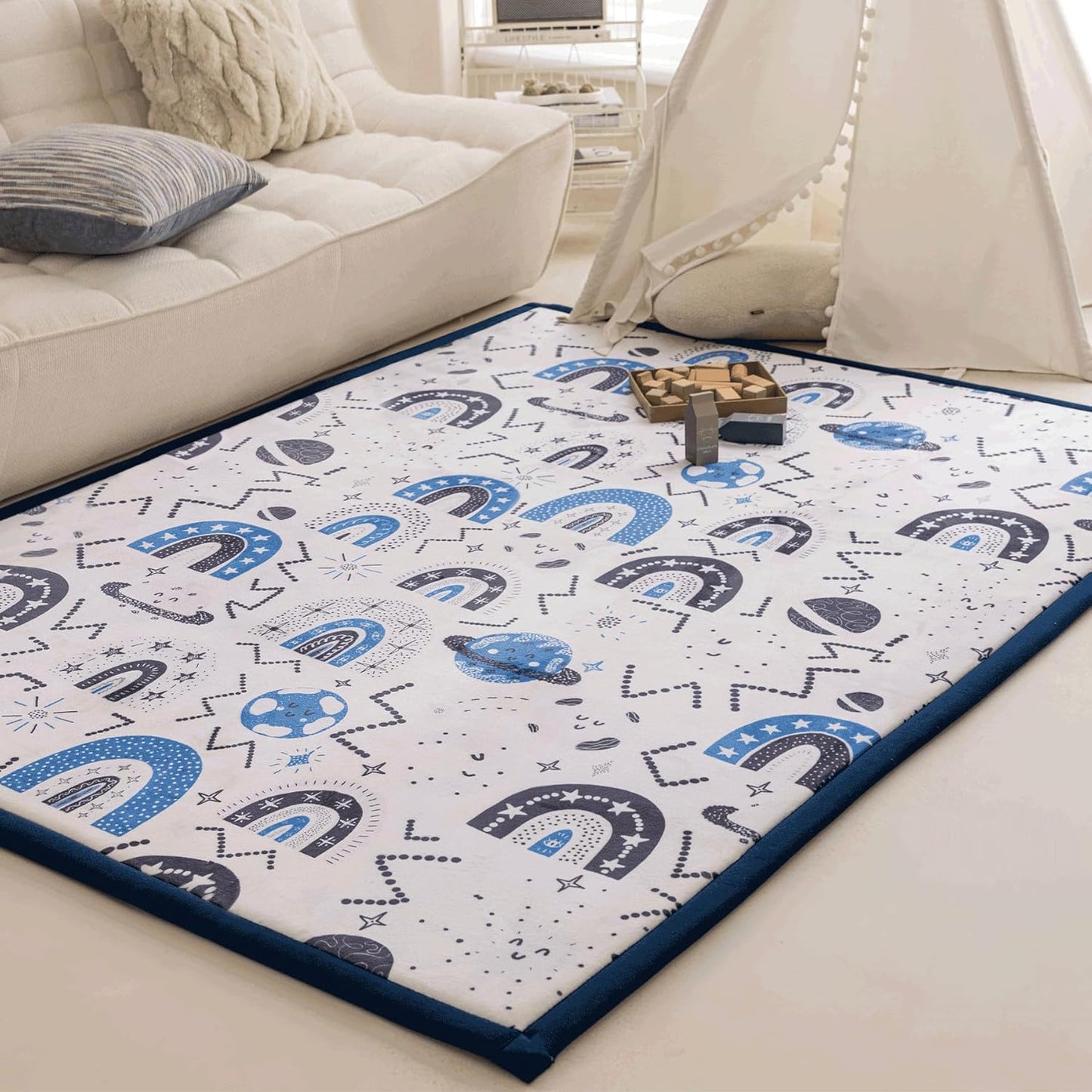 Loartee Rainbow Kids Play Mat - 1" Thick Baby Nursery Rug, Soft Crawling for Toddlers, Coral Velvet Memory Foam Tummy Time, Blue, 78"x94"