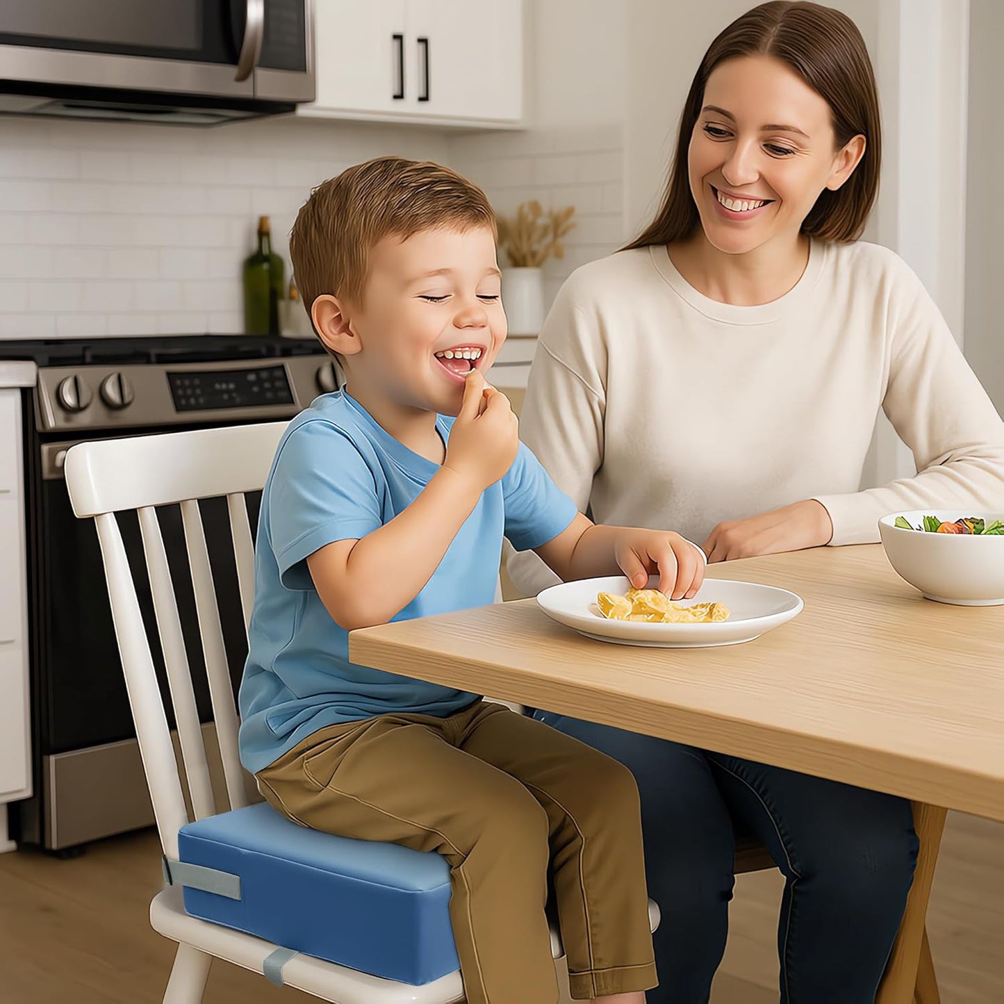 Toddler Booster Seat for Dining Table, 2 Elastic Seat Belts, Anti Scratch PU Skin-Friendly, Waterproof, Anti-Wrinkle, Detachable Non-Slip Bottom - Blue