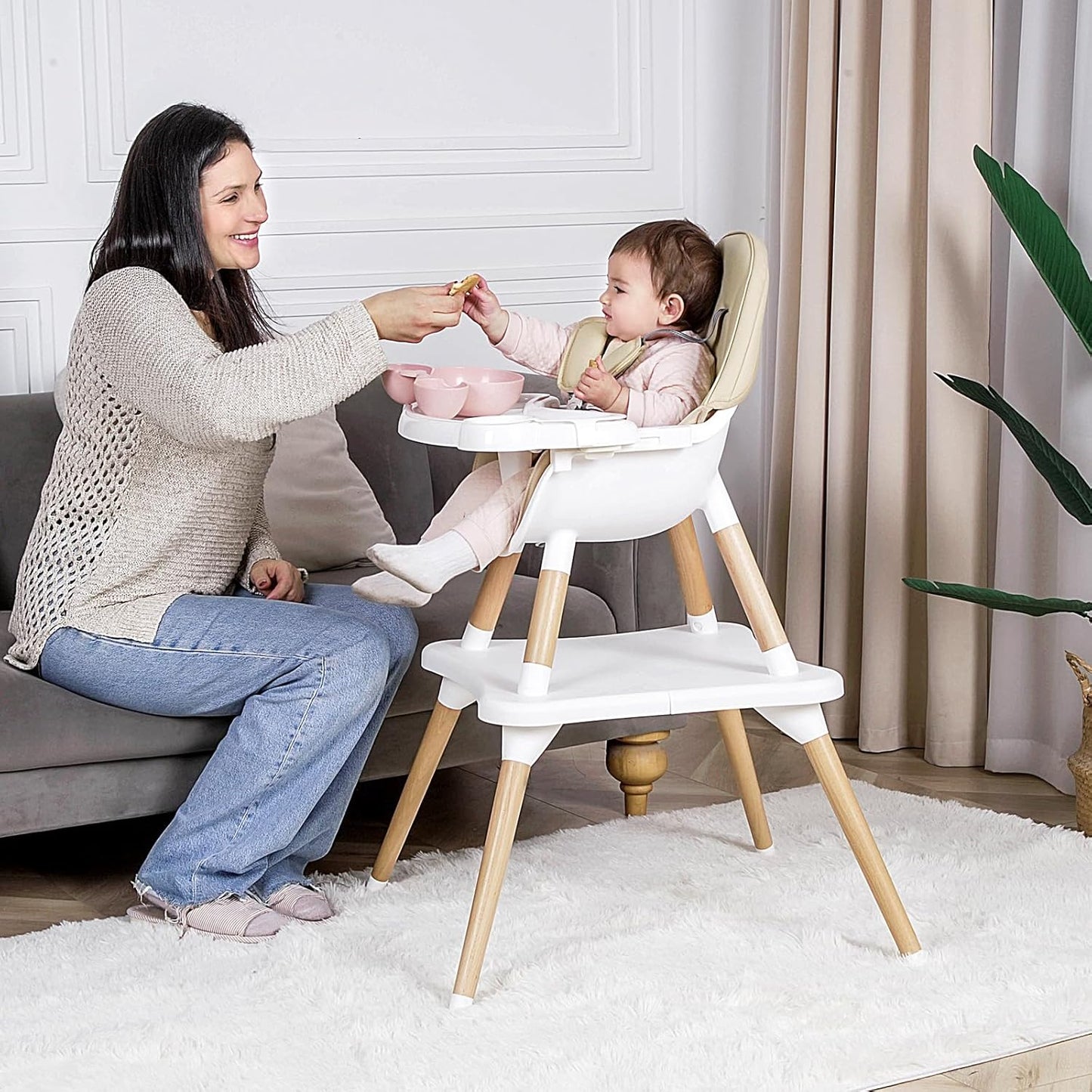 6 in 1 High Chair for Babies & Toddlers, Convertible Wooden Baby Highchair, Table and Chair Set, Baby Feeding Chair, 5-Point Adjustable Harness/4-Position Removable Tray& PU Seat Cushion(Beige)