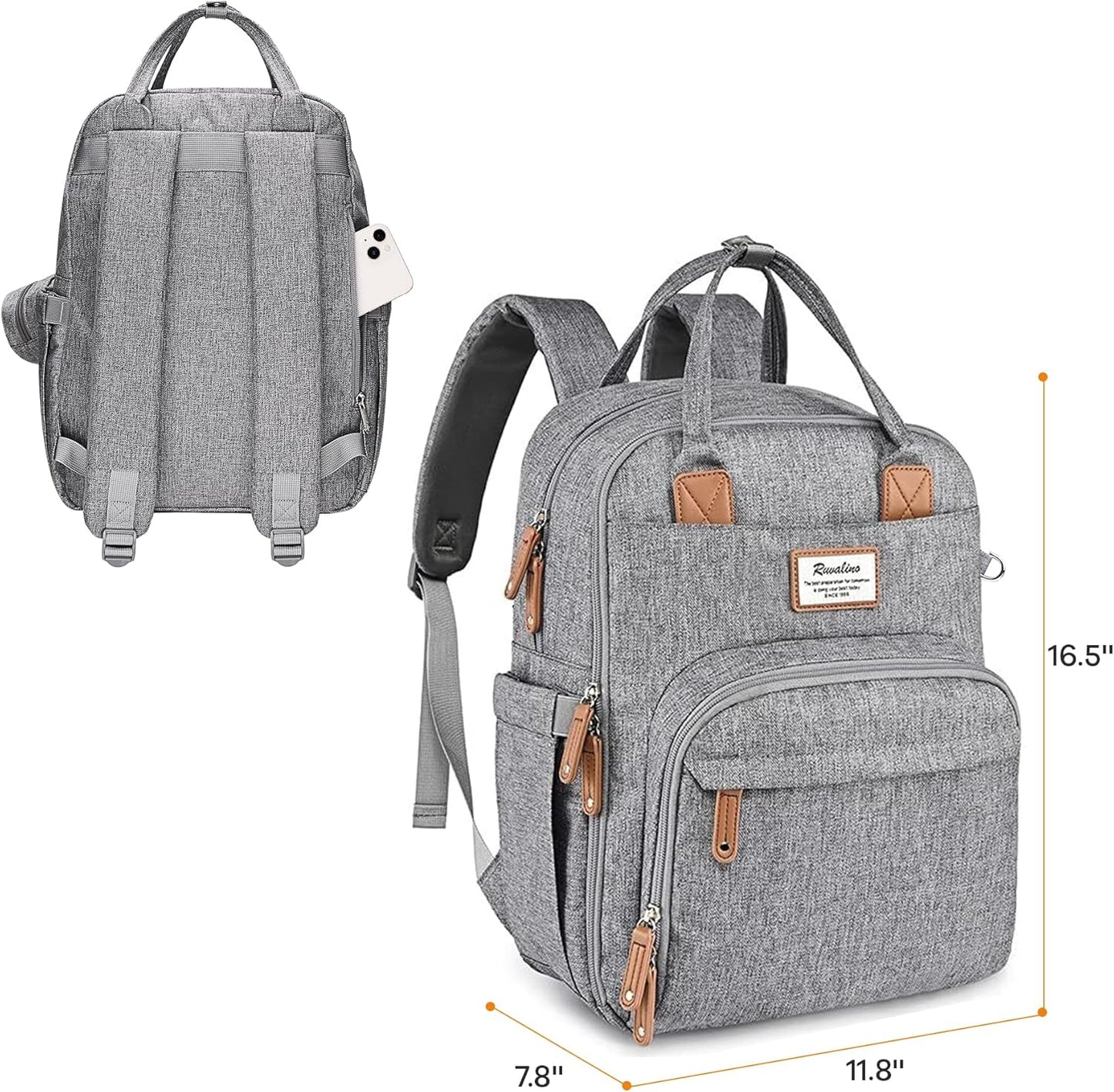 RUVALINO Diaper Bag Backpack-Multifunction Travel Baby Diaper Bag with Changing Pad, Insulated Bottle Holders & Pacifier Case, Large Capacity, Waterproof, Gray