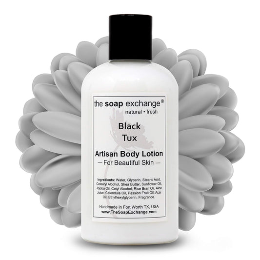 The Soap Exchange Body Lotion - Black Tux Scent - Hand Crafted 8 fl oz / 240 ml Natural Artisan Skin Care for Hand, Face, & Body, Moisturize, Hydrate, & Protect. Made in the USA.
