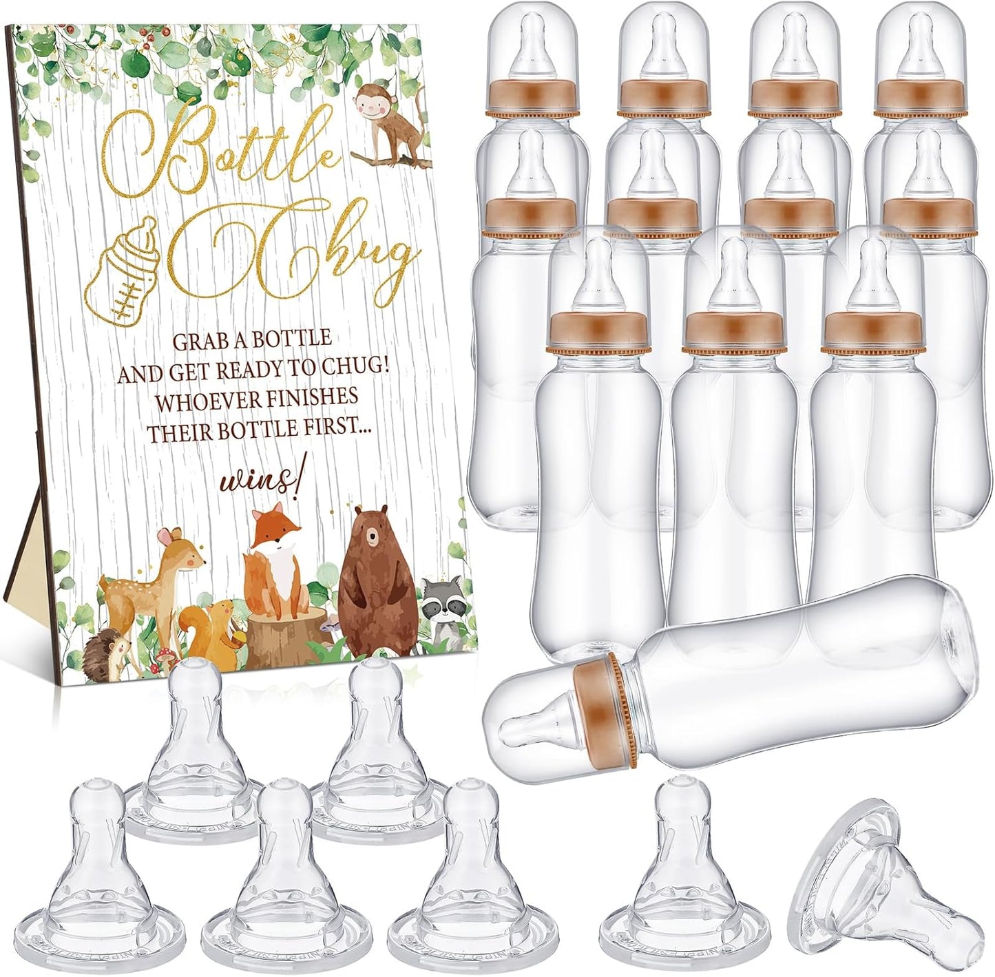 TrelaCo Woodland Animal Cool Baby Shower Games Bottle Chug Sign Wooden Woodland Gift Sets Gender Reveal Party Favors and 12 Pcs Baby Bottle Shower Favor for Gender Reveal