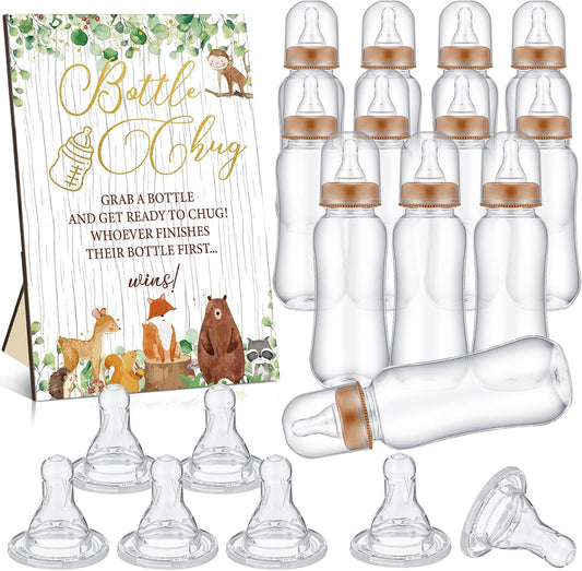 TrelaCo Woodland Animal Cool Baby Shower Games Bottle Chug Sign Wooden Woodland Gift Sets Gender Reveal Party Favors and 12 Pcs Baby Bottle Shower Favor for Gender Reveal