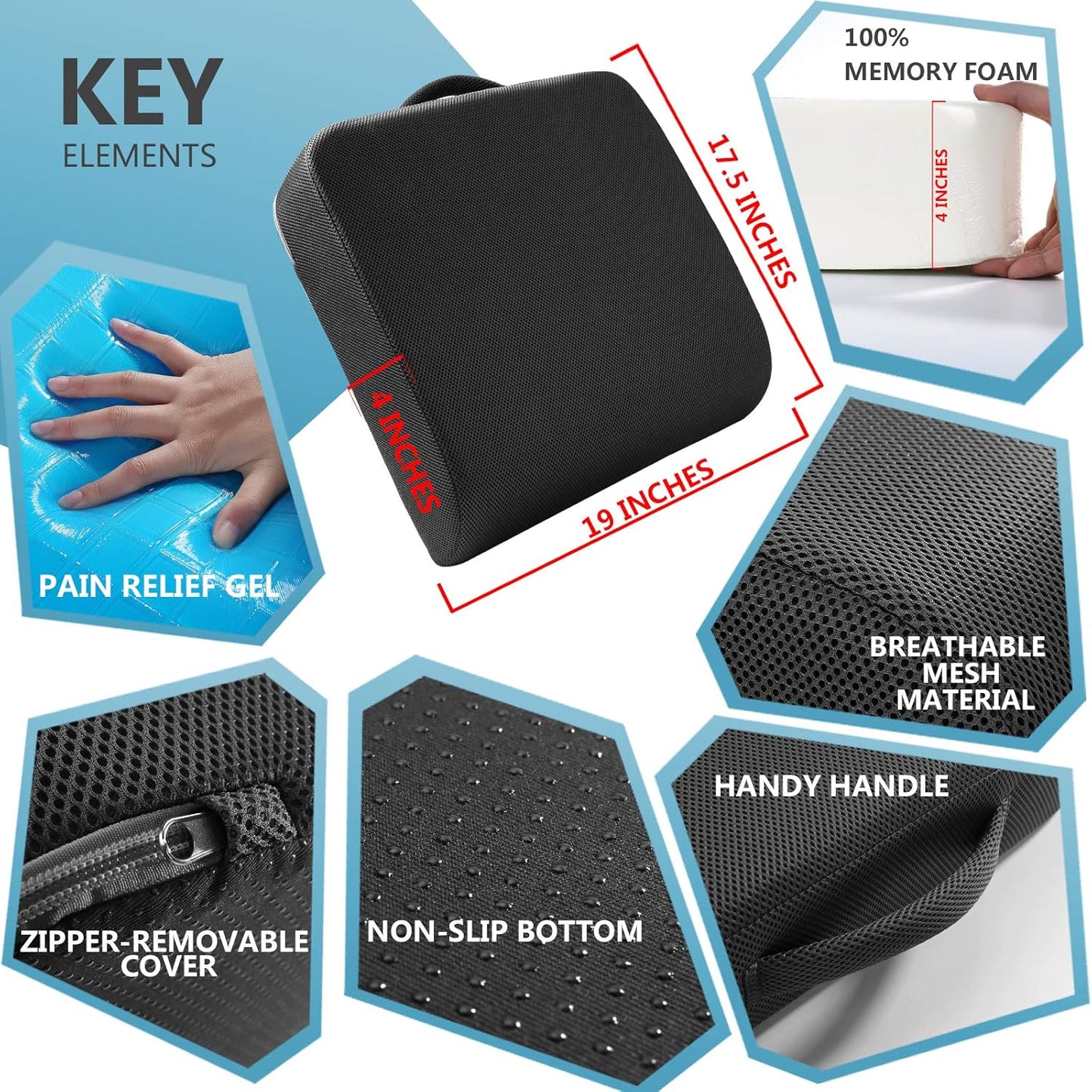 YOUFI Extra Thick Large Seat Cushion -19 X 17.5 X 4 Inch Gel Memory Foam Cushion with Carry Handle Non Slip Bottom - Pain Relief Coccyx Cushion for Wheelchair Office Chair (Black (1PACK))