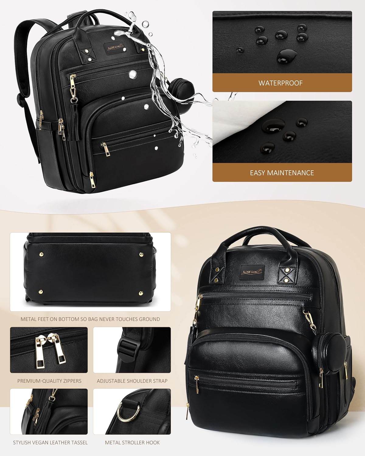 Premium Vegan Leather Diaper Bag Backpack with Waterproof Changing Pad, Reinforced Zippers & Odor-Free, 20 Pockets Pro Organizer, Fits 15.6" Laptop, Stroller Straps, Baby Bag for Mom, Black