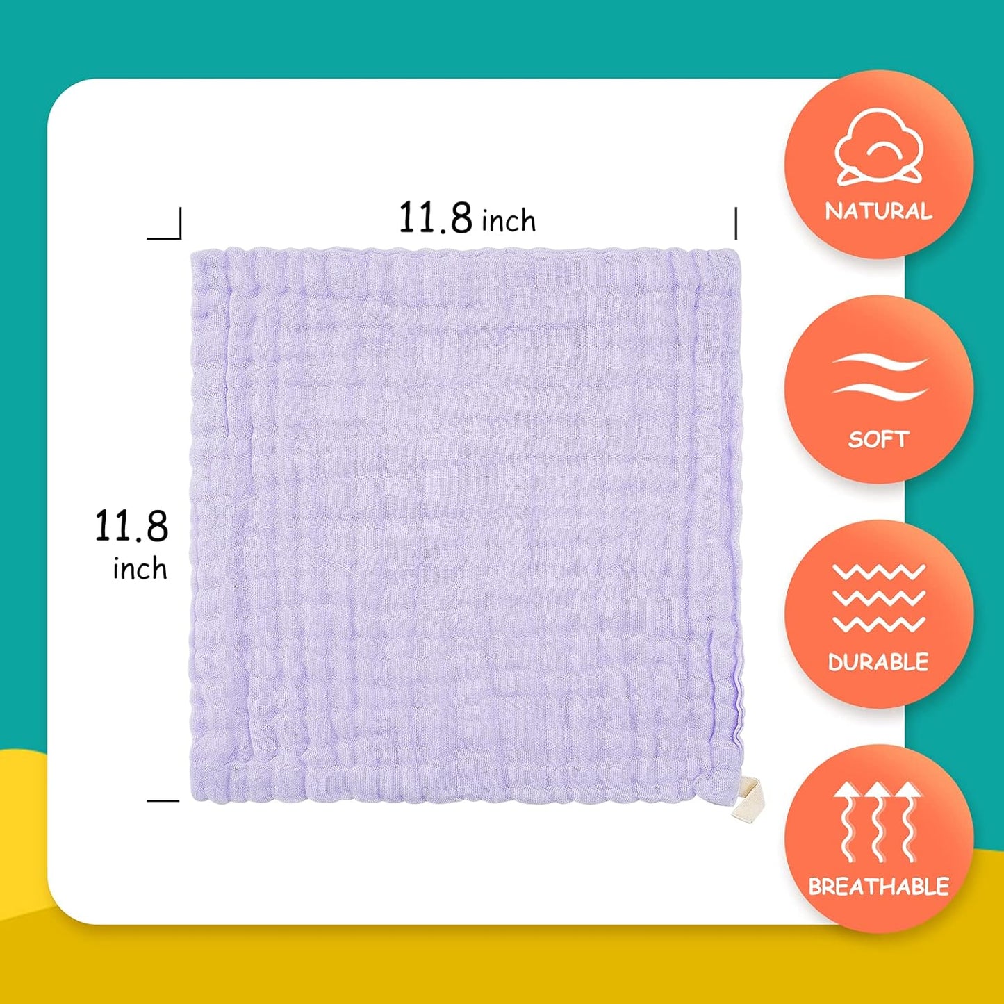 MUKIN Baby Muslin Washcloths, Natural Cotton, Soft Newborn Face Towel, 5 Pack, 12 x 12 inches (White,Pink,Yellow,Purple)