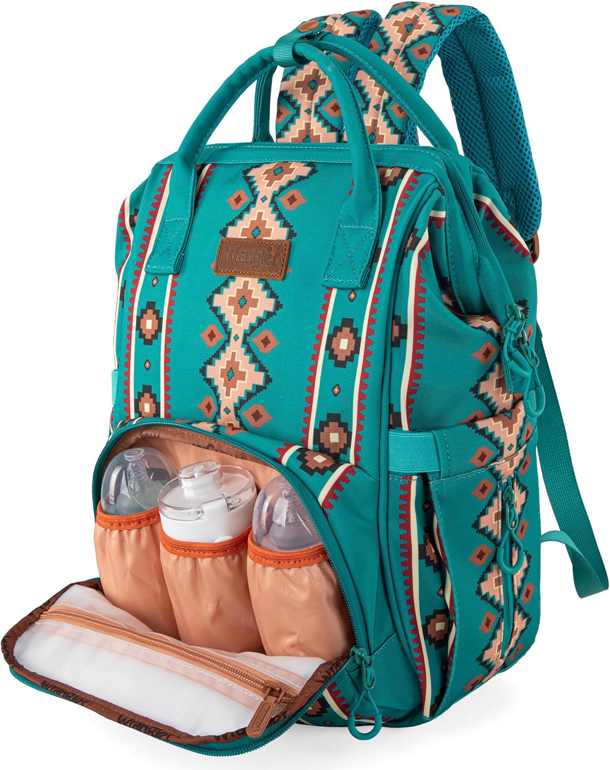 Wrangler Aztec Backpack Organized Daypack Travel Baby Bag with Stroller Strap and Side Bottle Pockets WG2204-9110GN