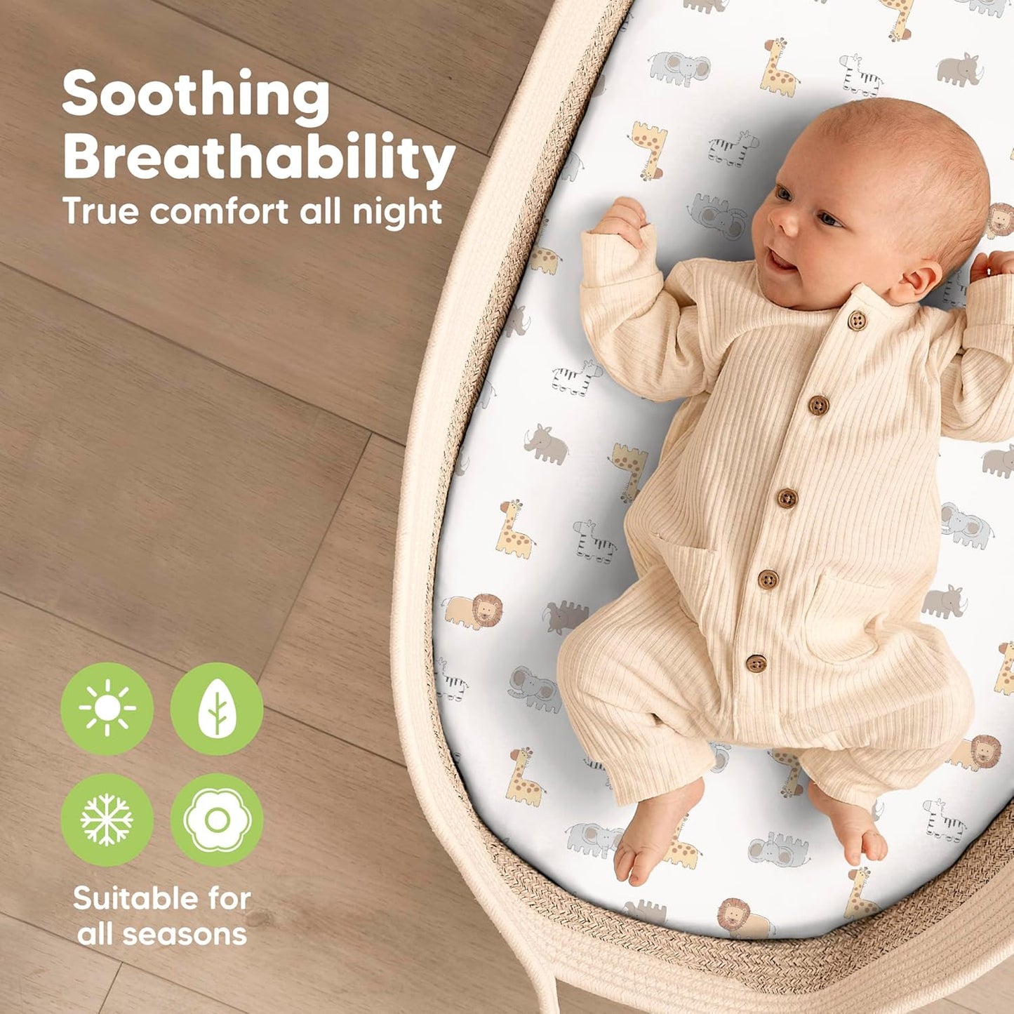 2-Pack Organic Bassinet Sheets for Girls, Boys - 100% Cotton Bassinet Mattress Sheets Compatible with Halo Bassinest Swivel Sleeper, Graco, Baby Delight, Chicco, Fitted Bassinet Sheets (KeaSafari)