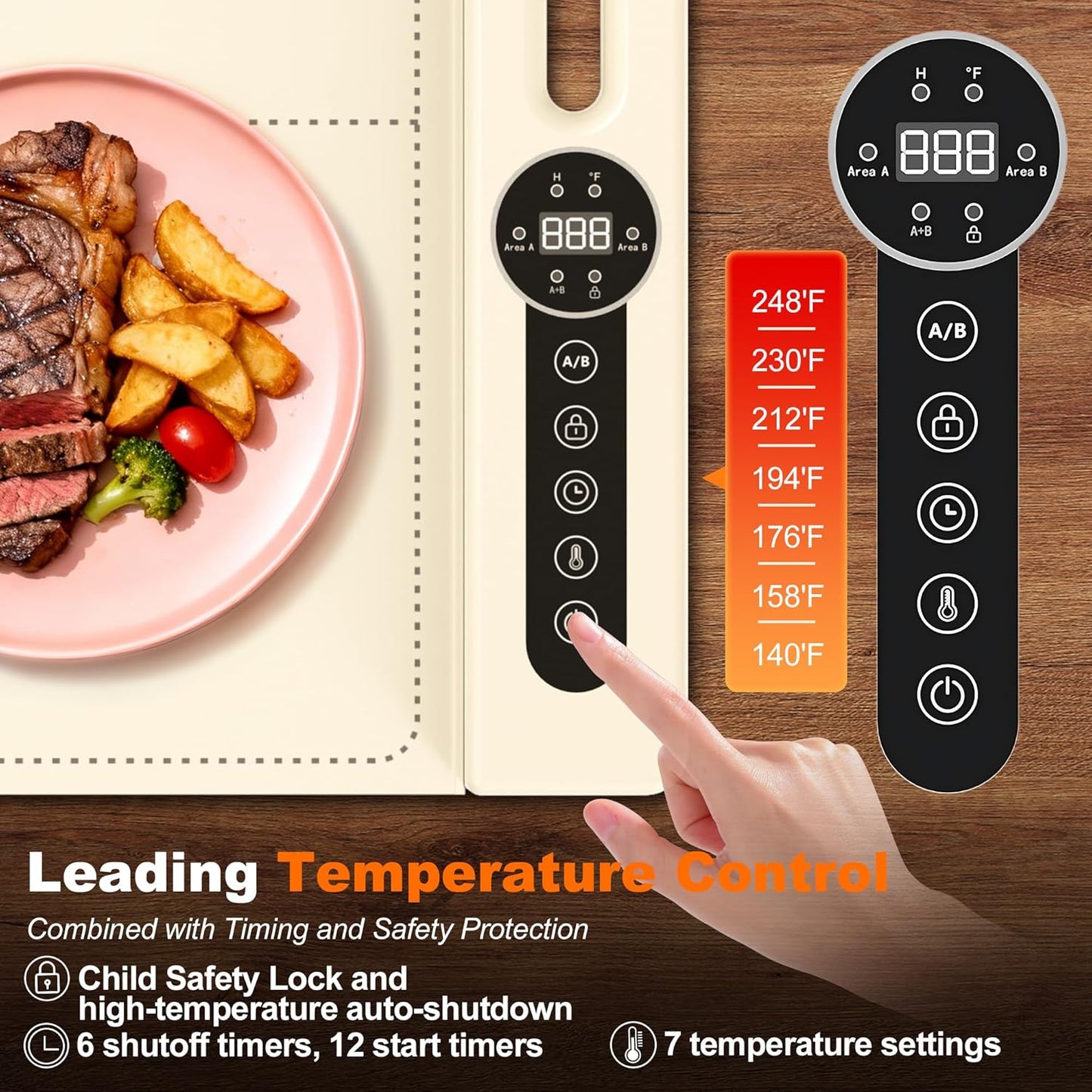Warming Mats for Food Countertop, Roll-UP 2 Pack Fast Heating Tray Silicone with 7 Level Temperature, 2 Zone and 3 Pad Parallel Expandable, Automatic On-Off Timer Setting (beige-2 pcs, wcb2)