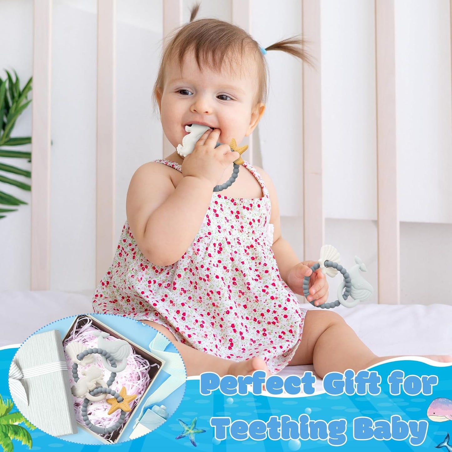 Silicone Teether Toys for Babies - 2ooya 2Pcs Summer Ocean Beach Themed Teething Ring Infant Soft Teethers, Toddler Teething Chew Toys for Newborn Boy and Girl Baby Shower Birthday Gifts