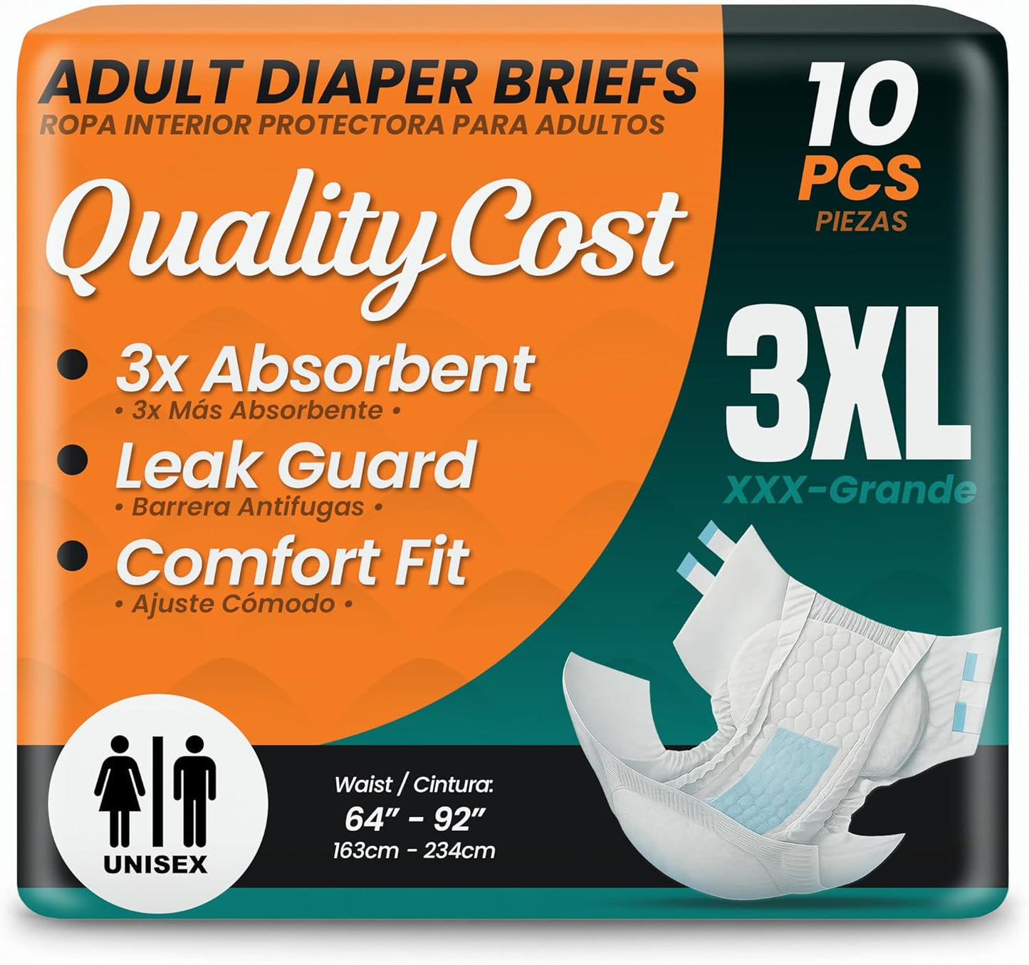 QualityCost Adult Incontinence Underwear Briefs with Tabs, 10Pack, Unisex Heavy Duty Briefs, Maximum Absorbency, Leak Proof, Disposable Pull-Ups for Overnight Protection, Size 3XL (64-92 inch Waist)