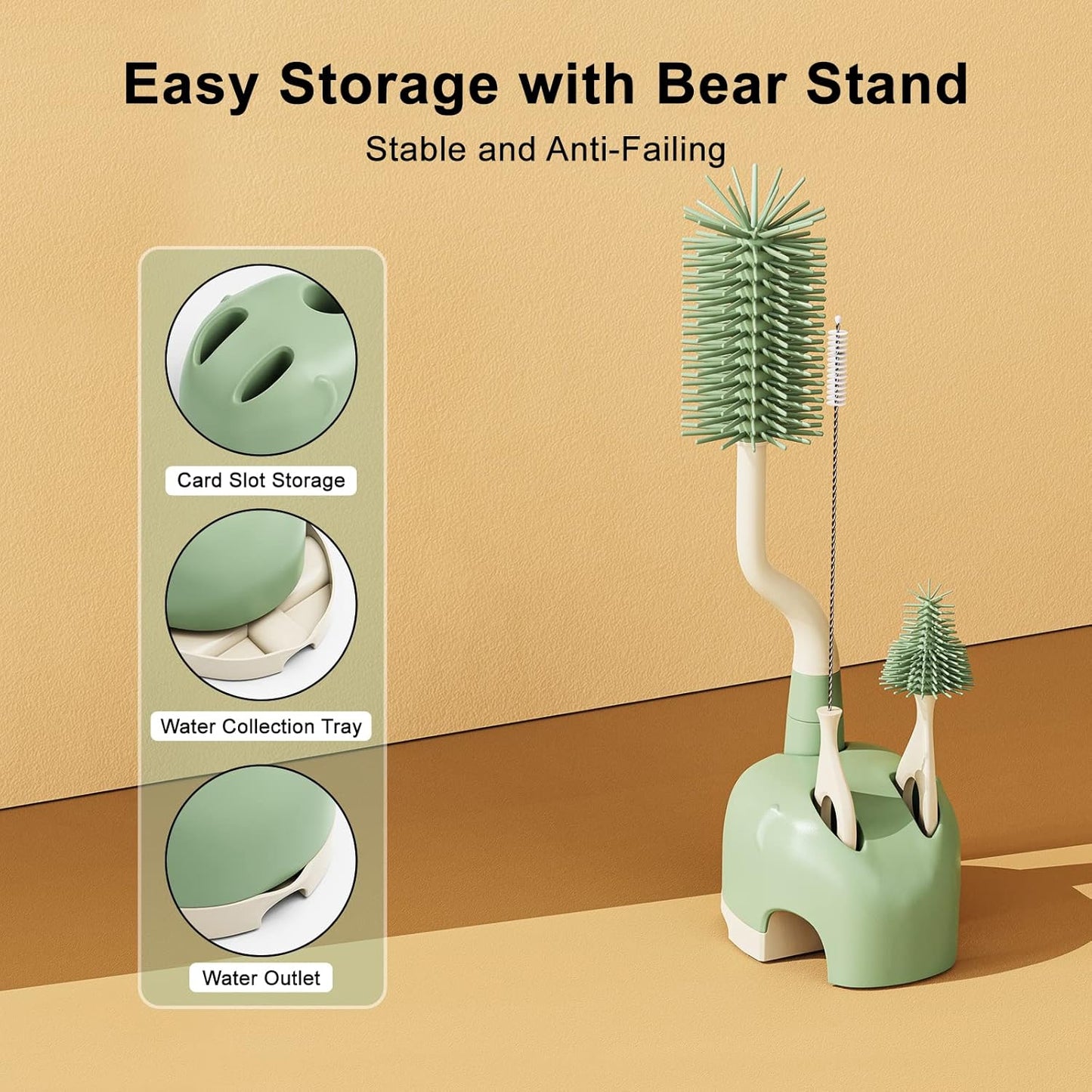 Silicone Bottle Brush Set with Stand, 360° Rotating Bottle Cleaning Brush Cleaner Set, Long Handle 3 in 1 Multipurpose Silicone Baby Bottle Straw Cleaner Brush (Green)