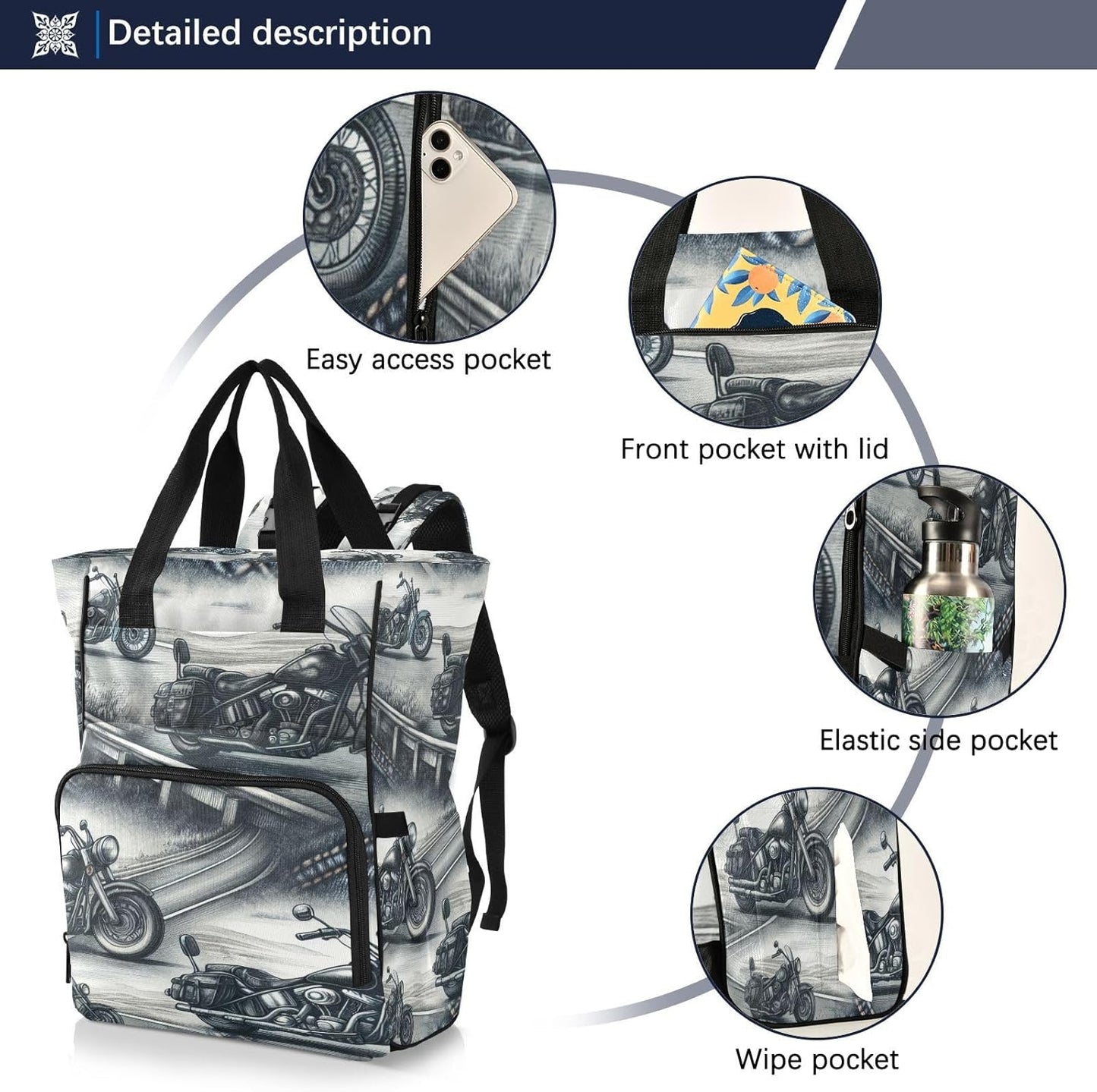 High Way Motorcycles Diaper Bag Backpack, Unisex Travel Baby Backpack Diaper Bags with Stroller Straps & Pacifier Case, Large Capacity Waterproof Diaper Backpack
