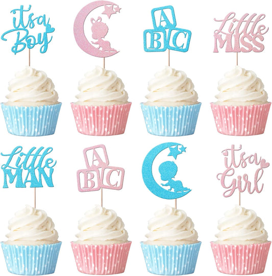 Rsstarxi 24 Pack Boy or Girl Cupcake Toppers Glitter Baby Girl It's a Girl Cupcake Picks It's a Boy Gender Reveal Cake Decoration for Pink or Blue Baby Shower Kids Birthday Party Decorations Supplies